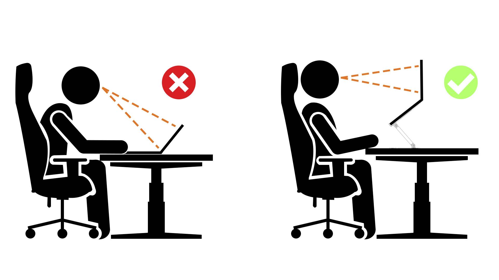 'Dwie sylwetki przedstawiają prawidłową i nieprawidłową pozycję siedzącą przy biurku. Po lewej stronie nieprawidłowa, z wygiętymi plecami, po prawej prawidłowa, z prostymi plecami.'