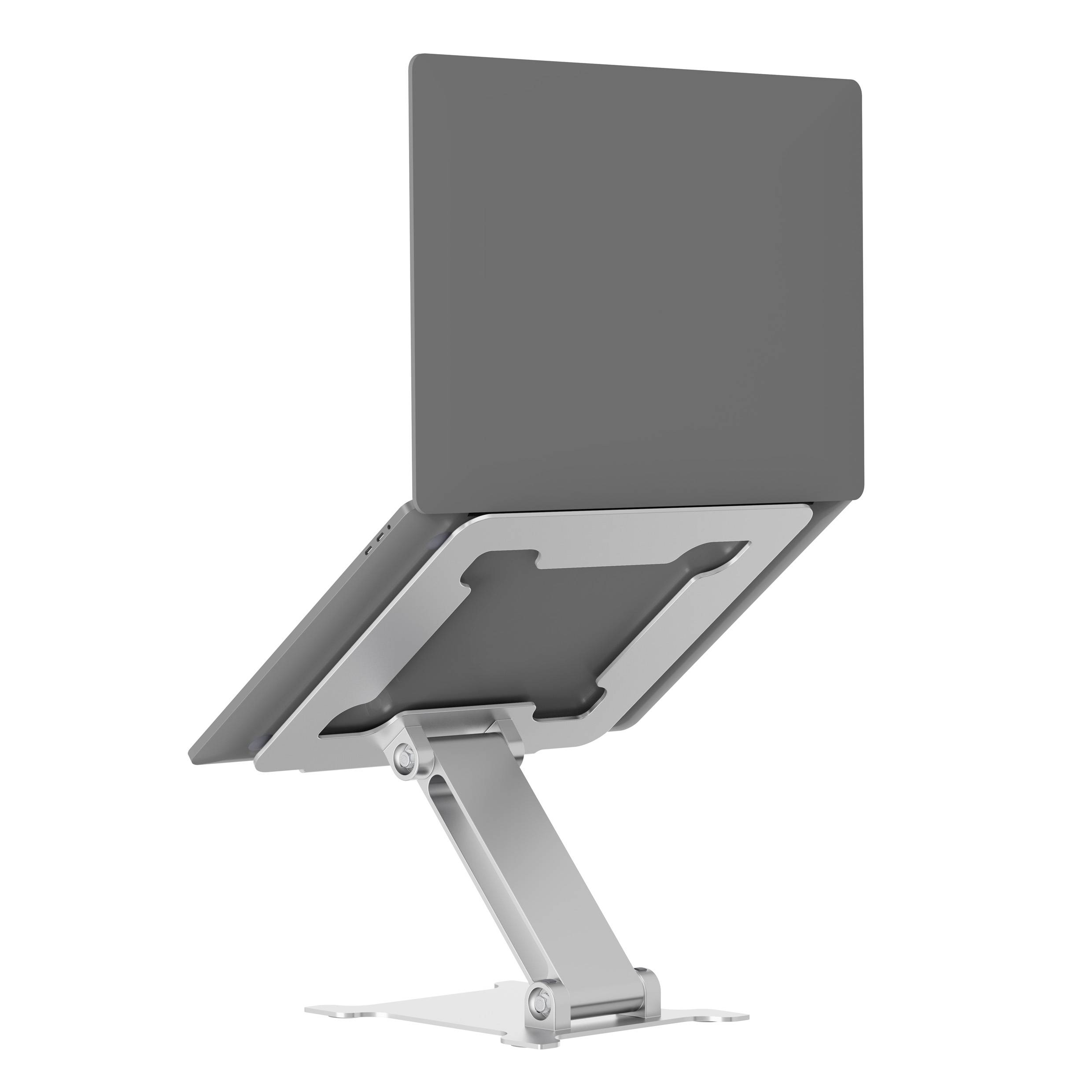 Szary laptop na regulowanym stojaku, który podnosi ekran, aby wspomóc ergonomiczną pracę.