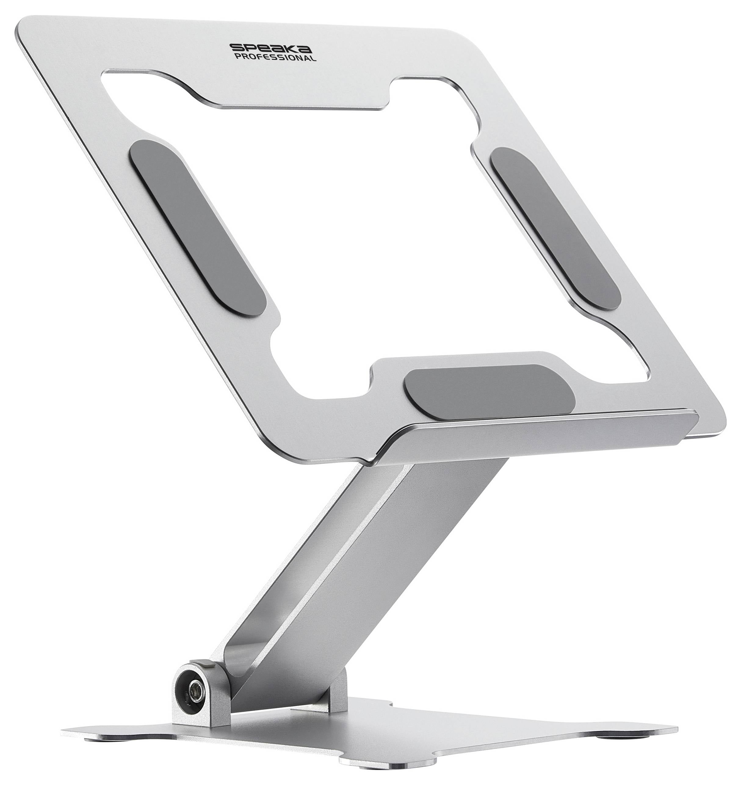 Metalowy stojak na laptopa o nowoczesnym designie, regulowany i przeznaczony do ergonomicznych stanowisk pracy.