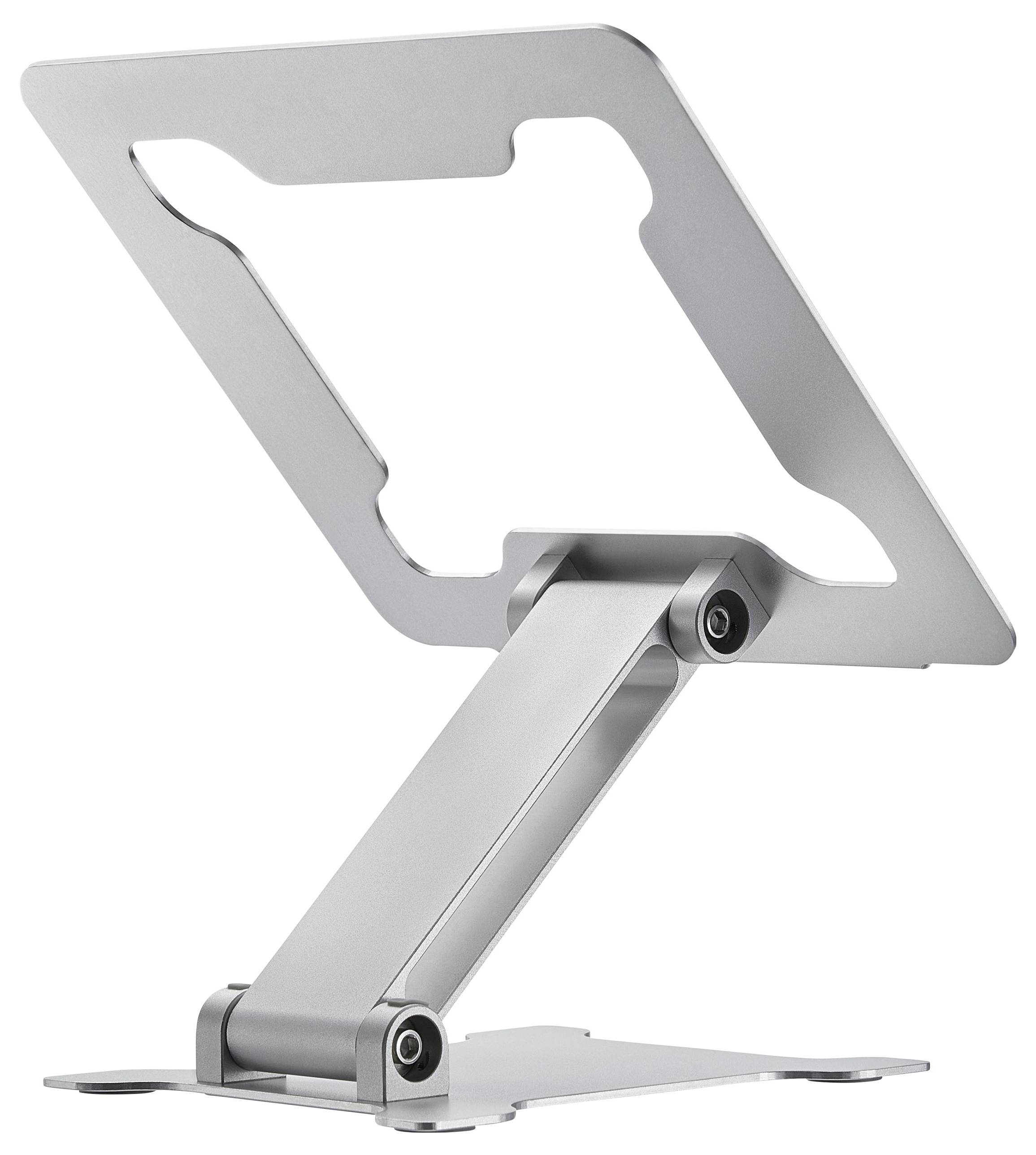 Srebrny, metalowy stojak na laptopa z regulowanym ramieniem, przeznaczony do ergonomicznego ustawienia laptopów lub tabletów.