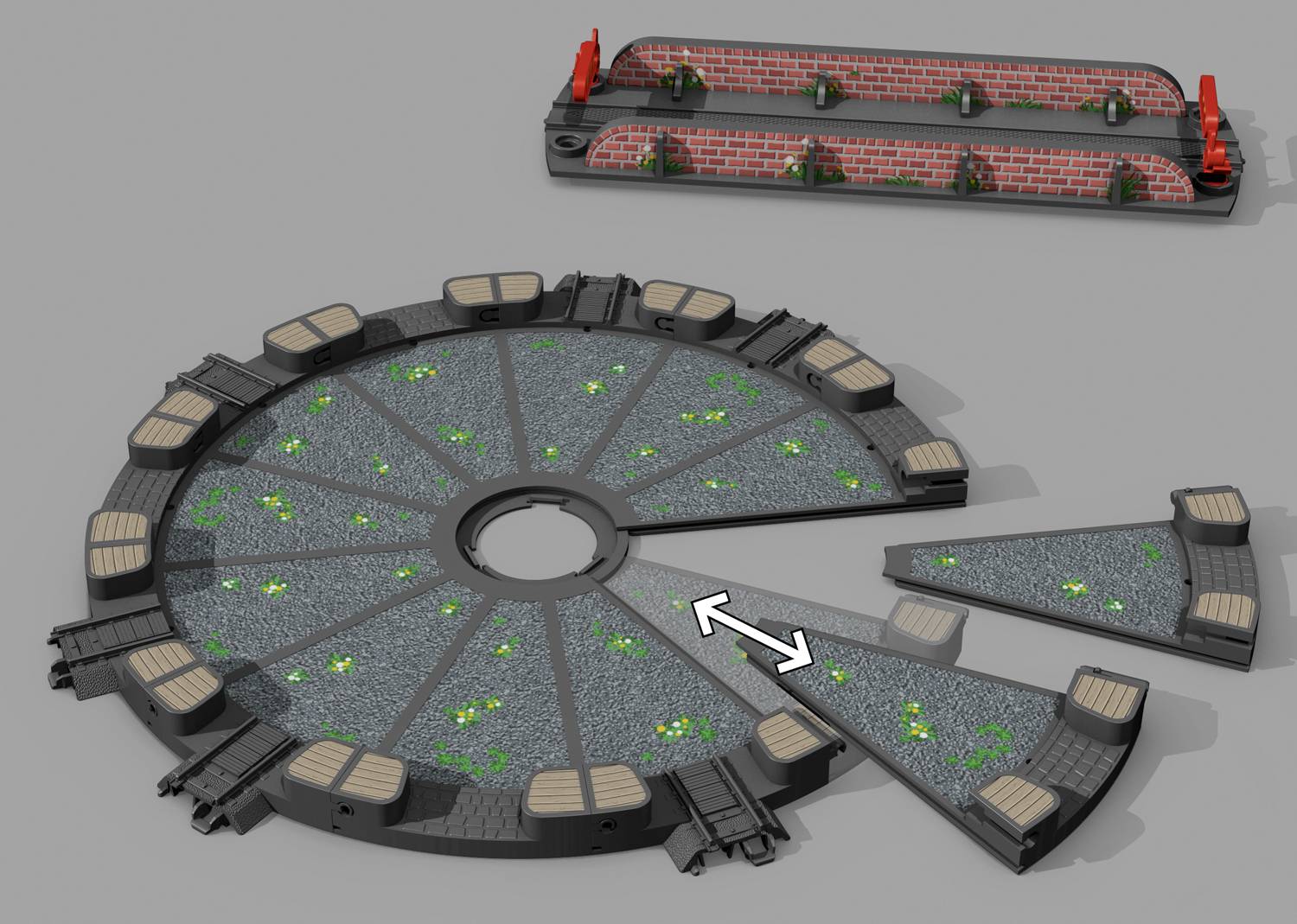 Kołowy projekt parku z wieloma segmentami i terenami zielonymi, uzupełniony dodatkowym, prostokątnym elementem obsadzonym roślinnością.