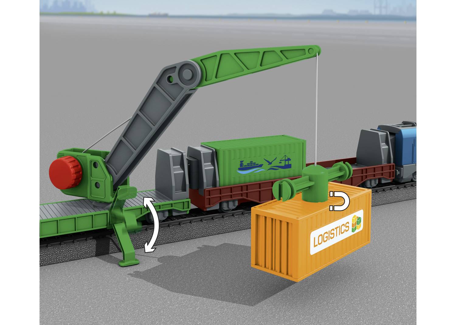 Zielony dźwig podnosi pomarańczowy kontener z napisem 'LOGISTICS' z wagonu towarowego na stacji kolejowej.