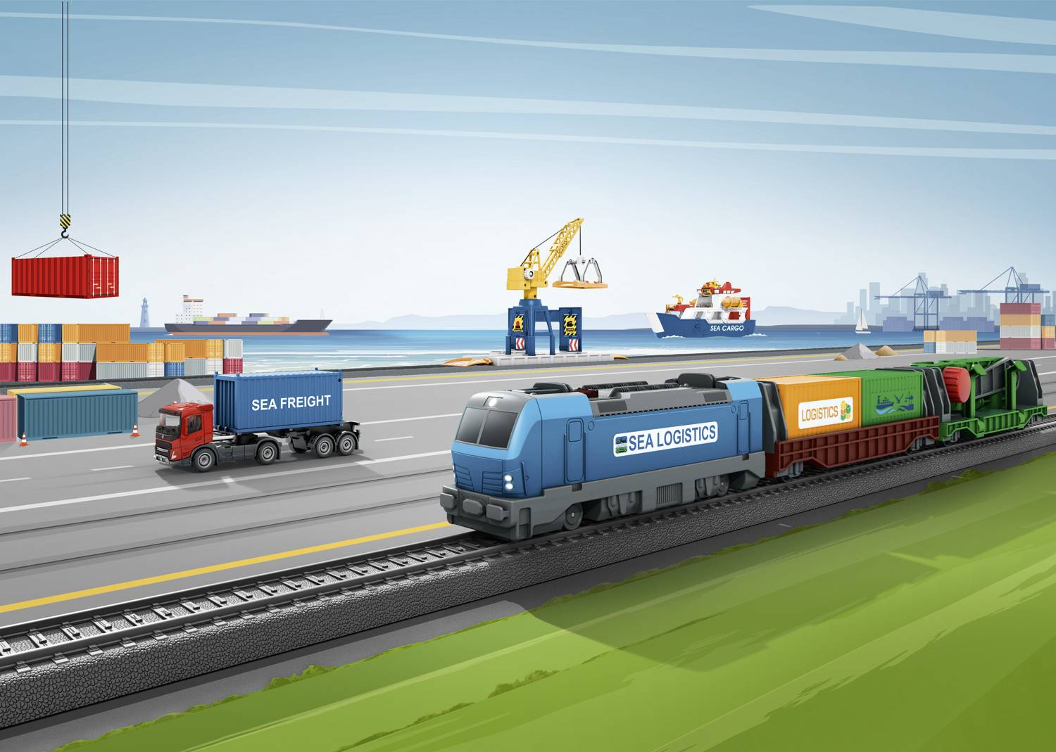 Pociąg towarowy z kontenerem 'Sea Logistics', ciężarówka 'Sea Freight' i statki w porcie. Dźwig umieszcza kontener. Scena transportu ładunków.