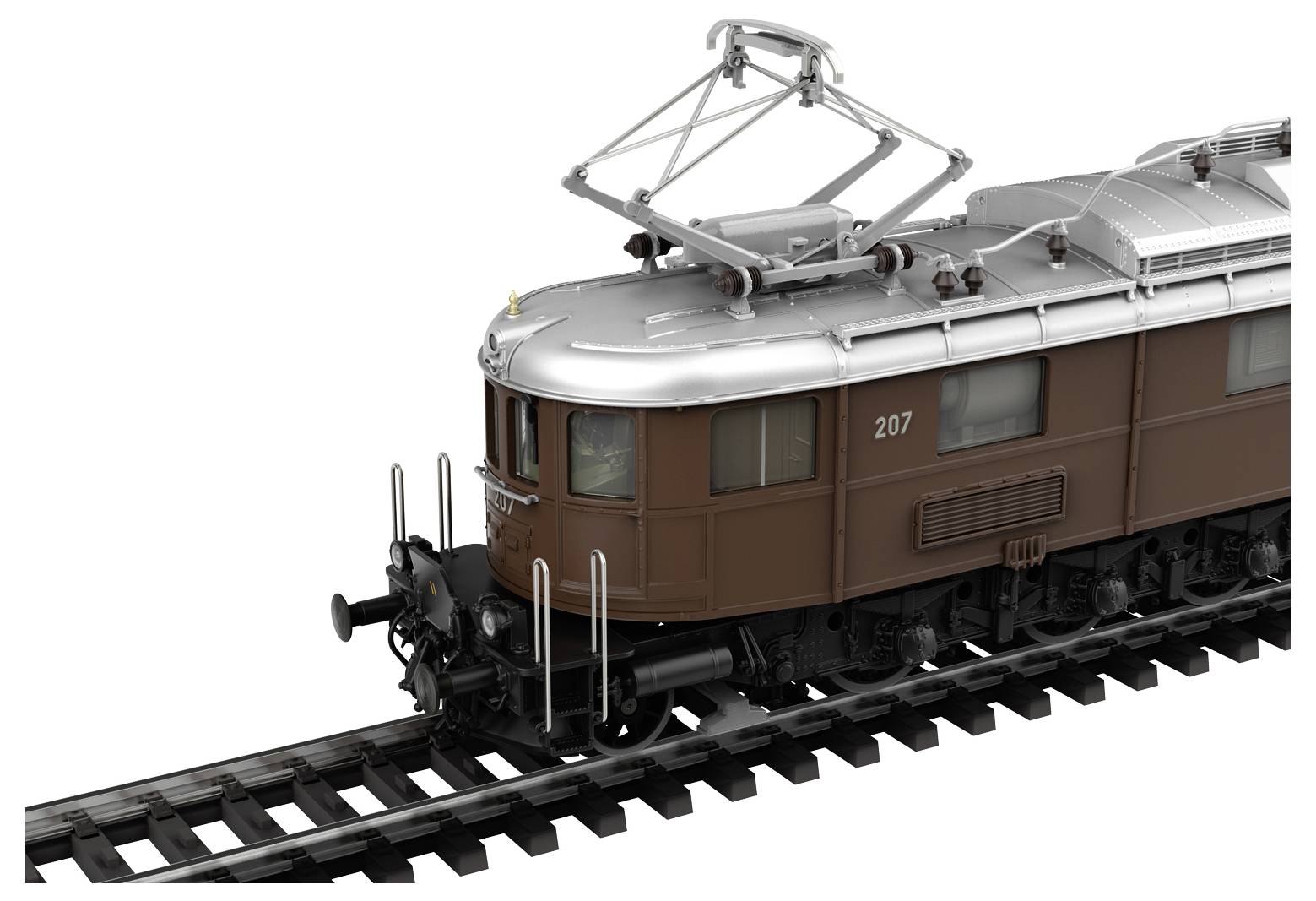 Model brązowej lokomotywy elektrycznej o numerze 207 na torach, prezentujący jej design i historyczne szczegóły.