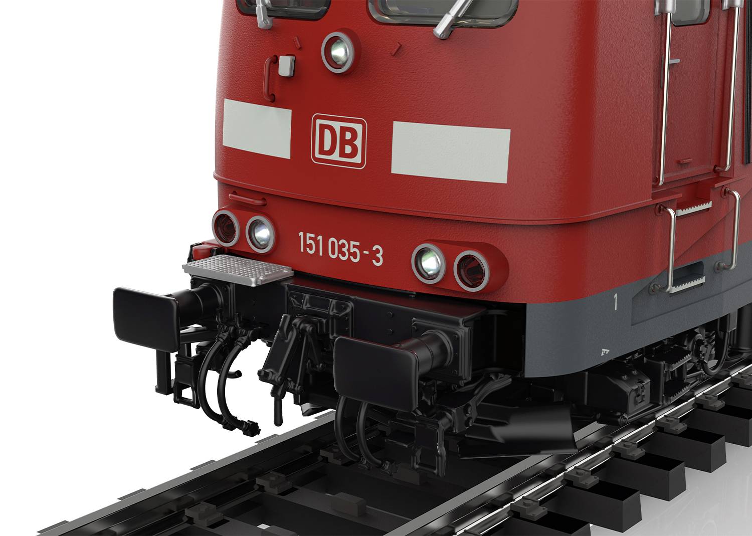 Czerwona lokomotywa Deutsche Bahn na torach, widok od przodu.