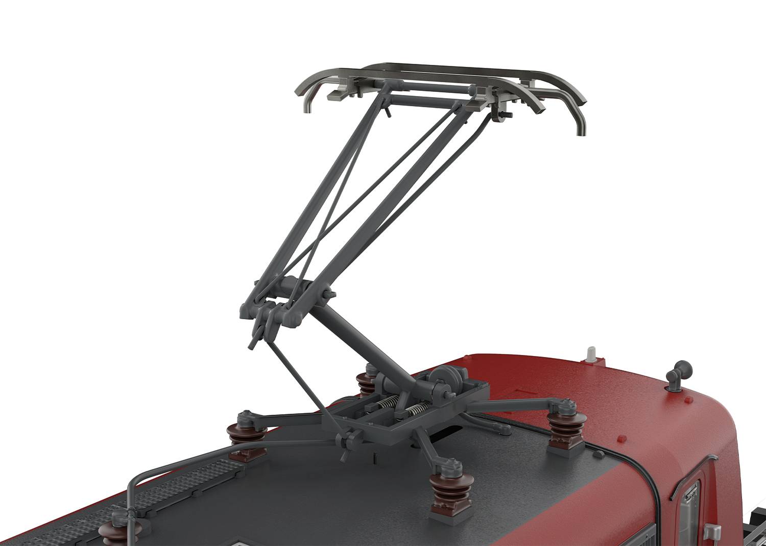 Sieć trakcyjna: Zbliżenie odbieraka prądu na dachu lokomotywy, pobierającego energię elektryczną z przewodu jezdnego.