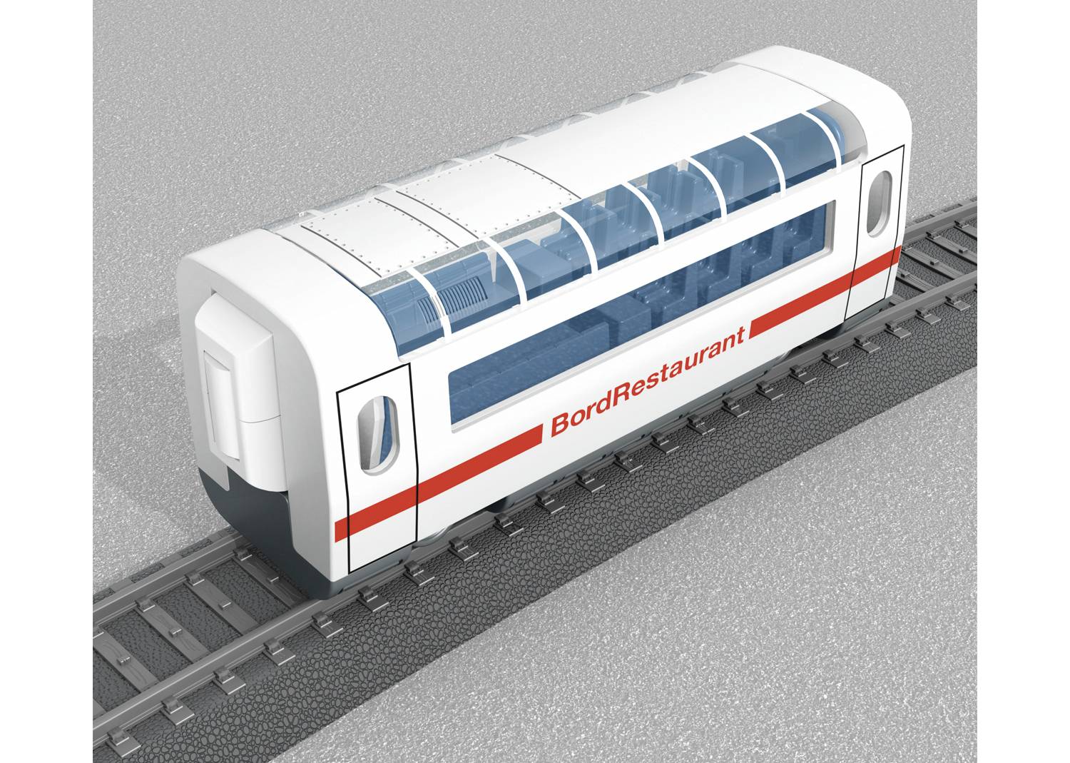Biało-czerwony wagon kolejowy z napisem 'BordRestaurant', stojący na torach. Wagon posiada duże okna i nowoczesny design.