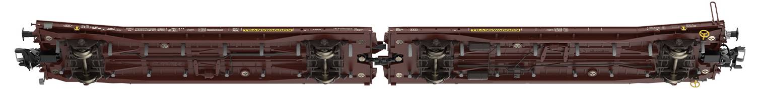 Dwa brązowo-czerwone wagony kolejowe ustawione obok siebie, widziane z góry. Wyraźnie widoczne techniczne szczegóły spodu wagonów.