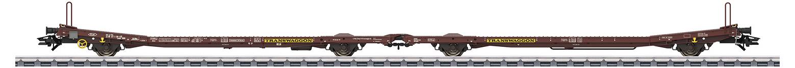 Wagon towarowy na torze, brązowy, bez dachu. Dwa wózki jezdne, sprzęgi na obu końcach. Nadaje się do transportu kontenerów.