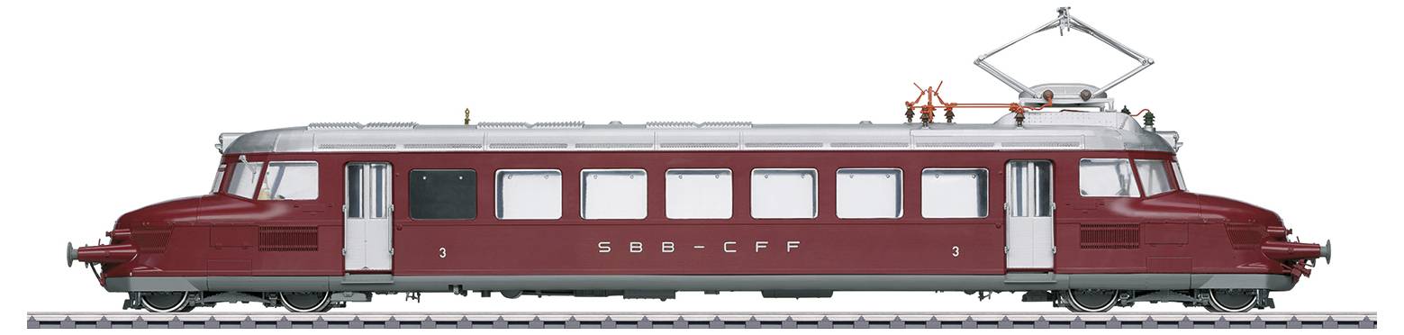 Czerwony pociąg widziany z boku, jadący po torach, z napisem 'SBB-CFF'. Na dachu pociągu znajduje się nowoczesny pantograf.