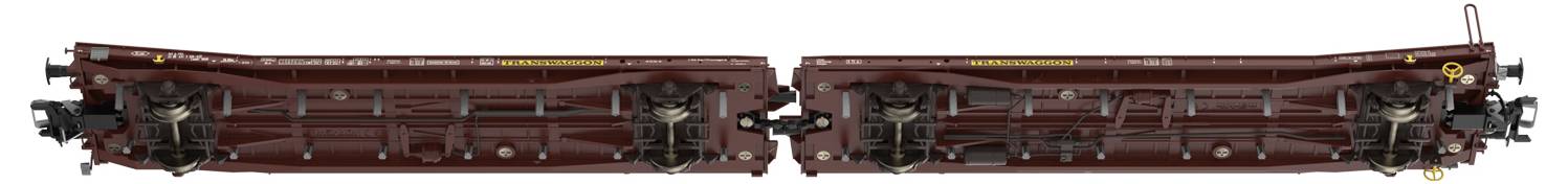 Dwa połączone brązowe wagony kolejowe z dokładnie widocznymi elementami technicznymi, sfotografowane z góry, na białym tle.