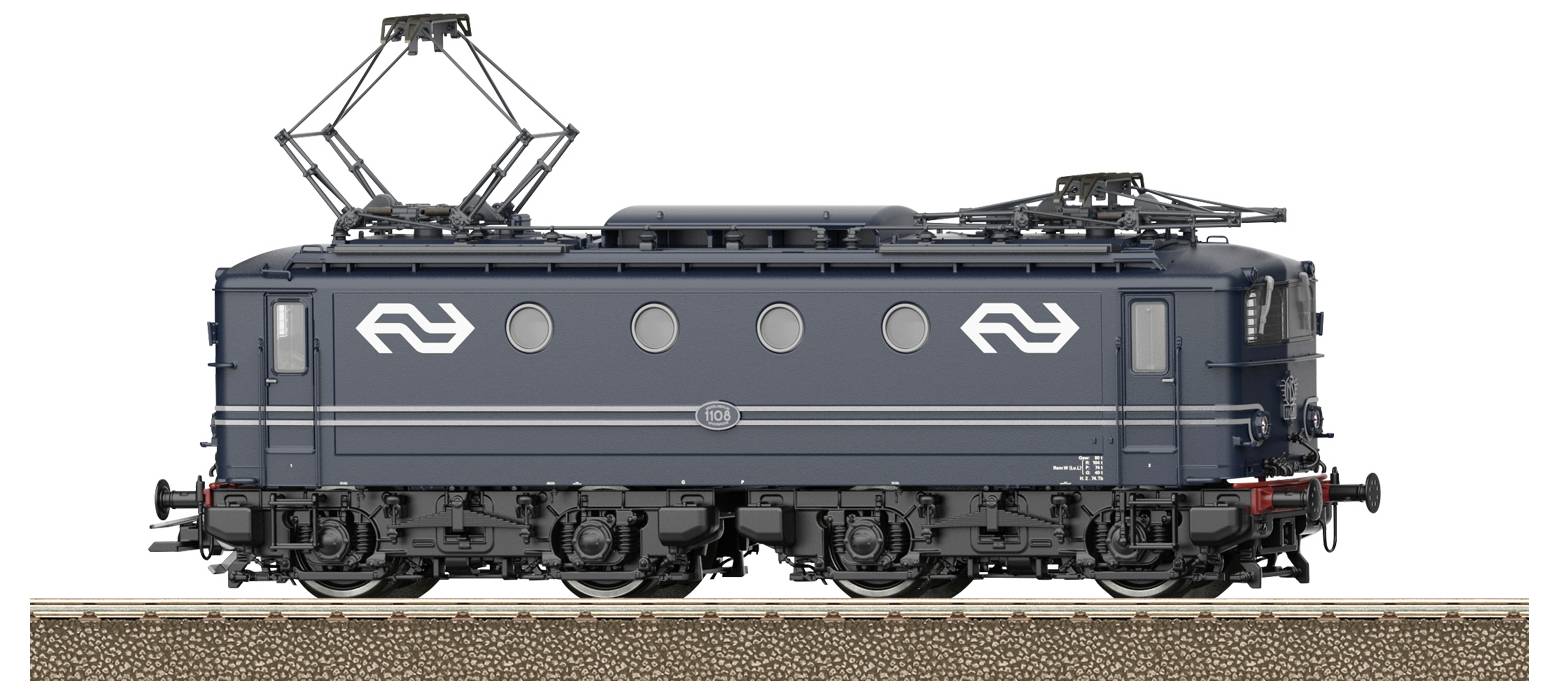 Ciemnoniebieska lokomotywa elektryczna z białym logo jedzie po odcinku torów. Posiada okrągłe okna i pantografy na górze.