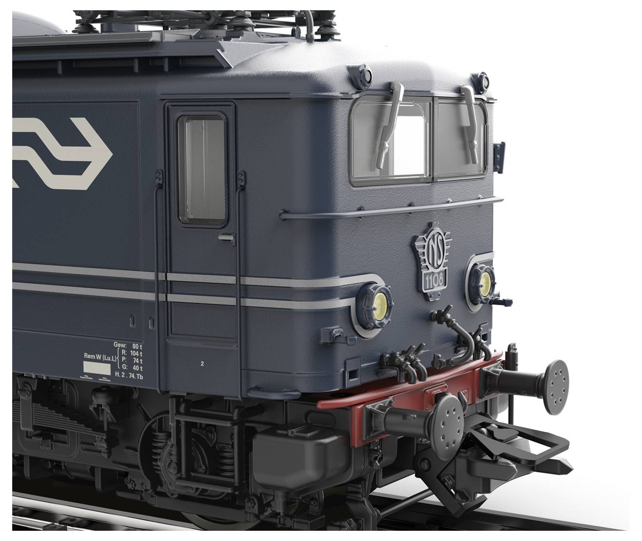 Ciemnoniebieska lokomotywa elektryczna o nostalgicznym designie z dwoma charakterystycznymi reflektorami na białym tle.