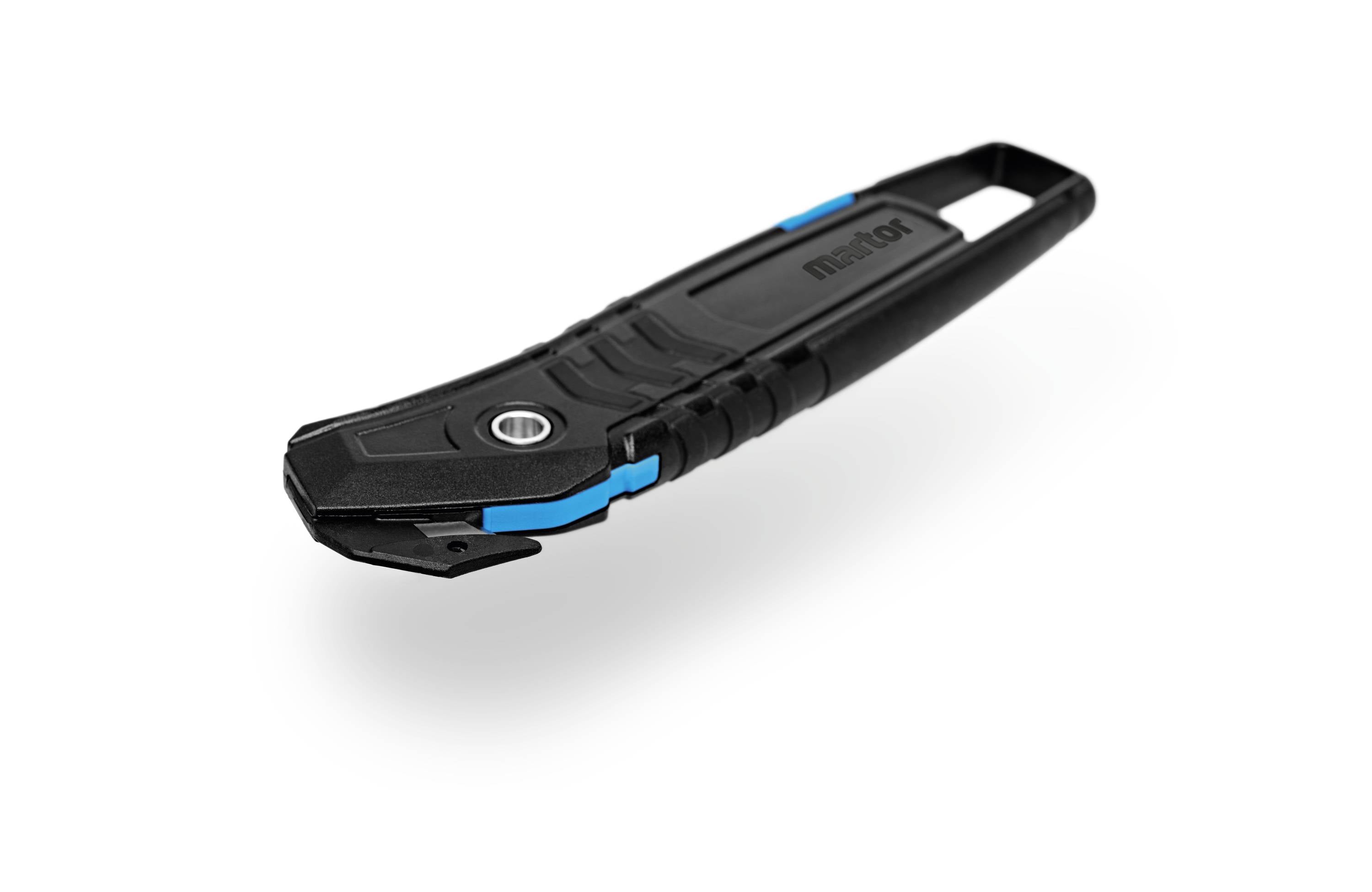 Czarny i niebieski nóż bezpieczeństwa z ergonomicznym uchwytem, przeznaczony do bezpiecznego cięcia materiałów opakowaniowych.