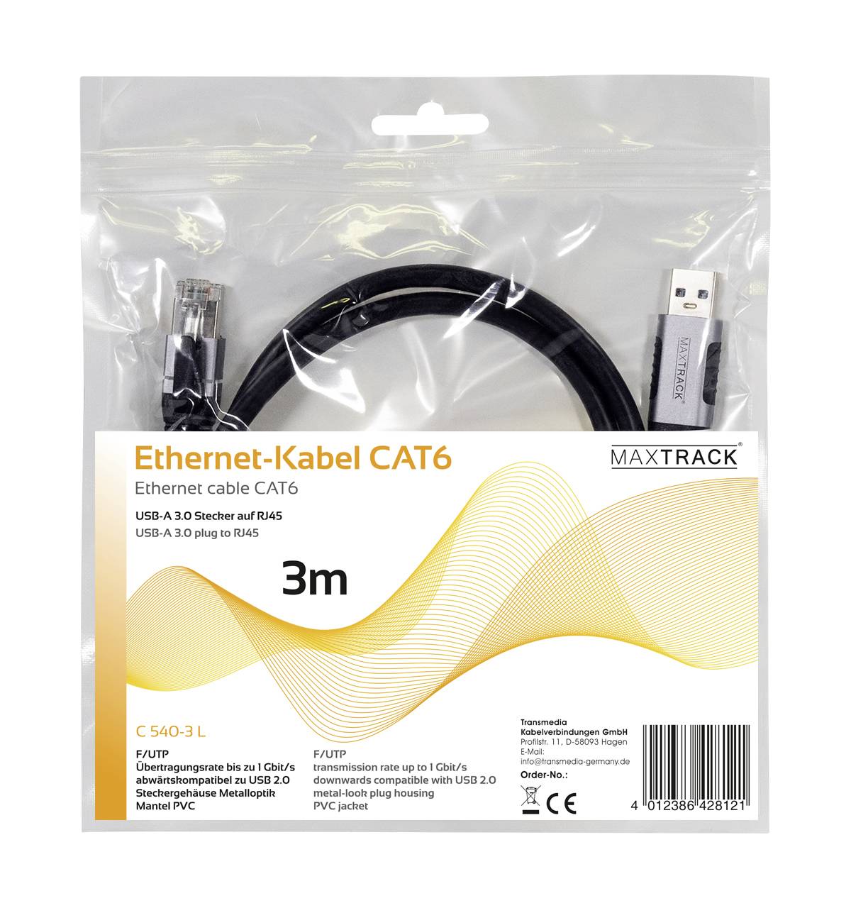 Opakowanie zawiera kabel Ethernet CAT6 o długości 3 metrów. Oznaczenia: USB-A 3.0 do RJ45. Marka: MAXTRACK. Przezroczysty design.