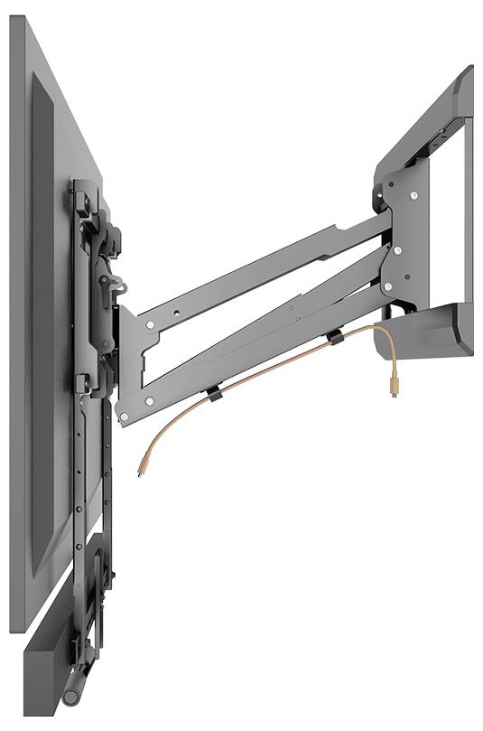 Widok z boku regulowanego uchwytu ściennego z telewizorem, ukazujący elastyczne mechanizmy ramion oraz okablowanie umożliwiające dostosowaną instalację.