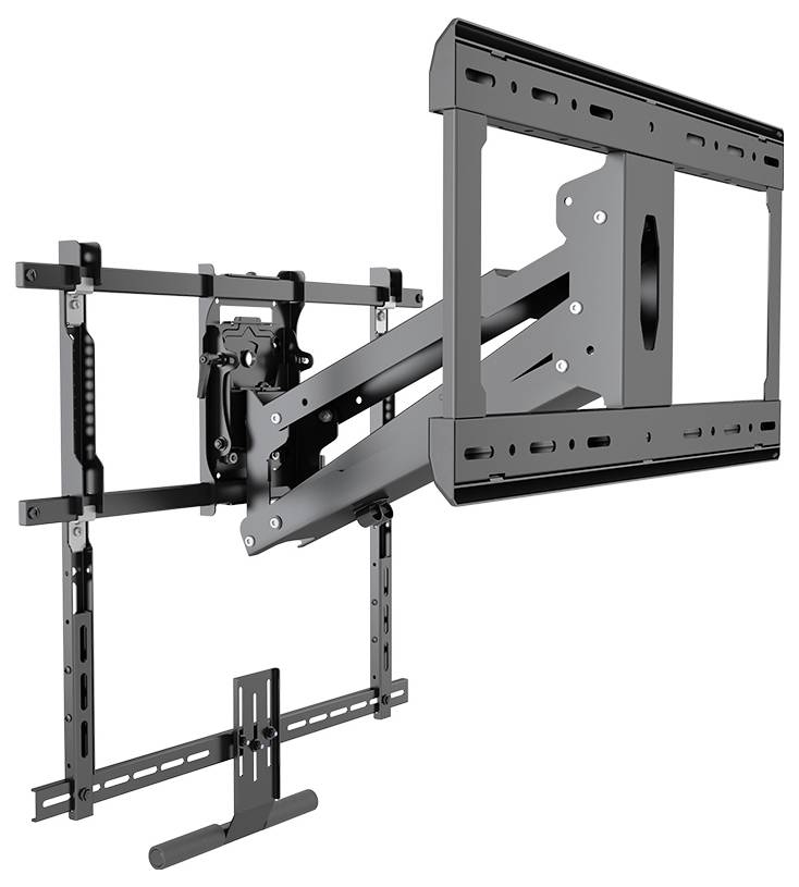 Metalowy uchwyt ścienny do telewizora z regulowanym i wysuwanym ramieniem, przeznaczony do mocowania płaskiego ekranu na ścianie.