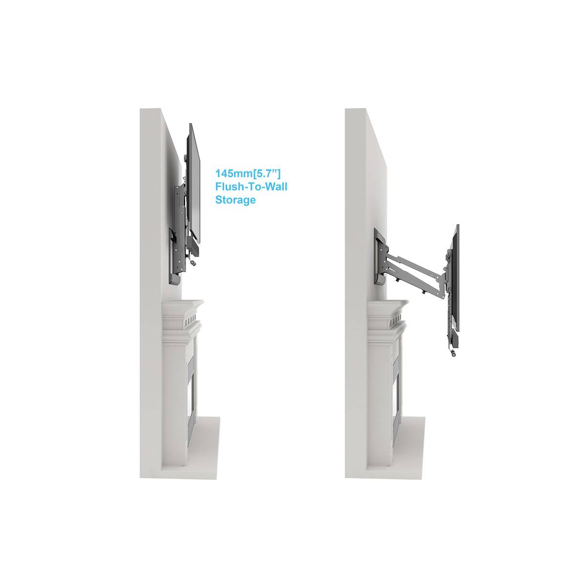 'Dwie uchwyty telewizyjne naścienne: oba są wysuwane, jeden złożony z odległością 145 mm (5,7") od ściany, drugi rozłożony.'