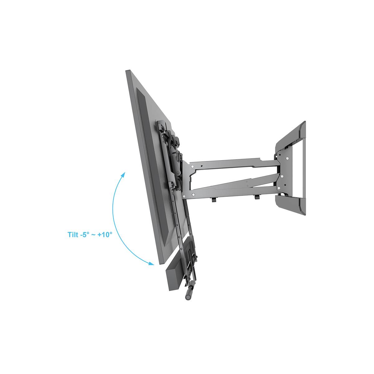 Pionowy widok boczny regulowanego mechanizmu mocowania ściennego do płaskich ekranów, z zakresem nachylenia od -5° do +10°.