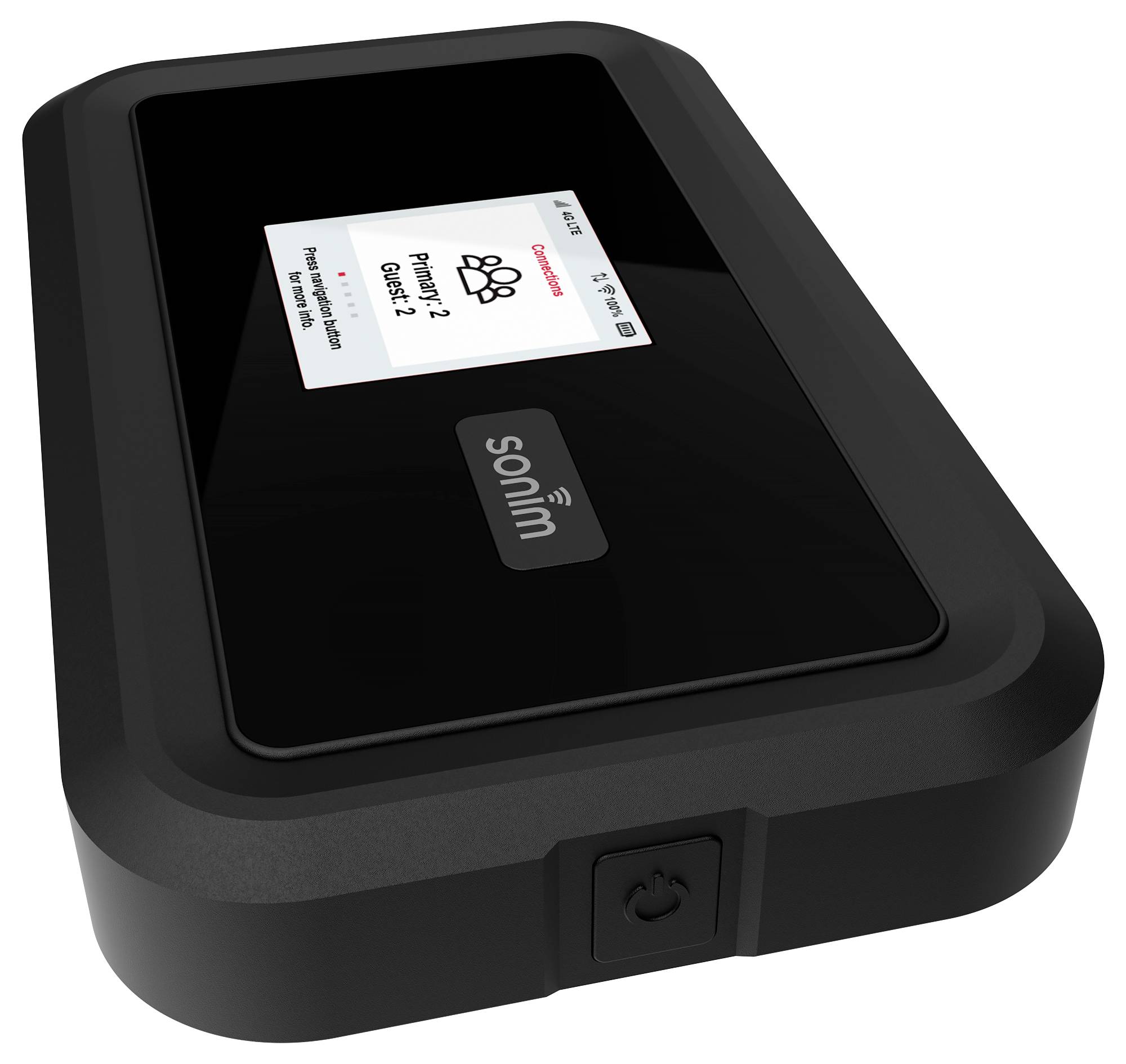 Czarne urządzenie elektroniczne z ekranem wyświetla napis 'Primary Wi-Fi Guest 2'. Pod wyświetlaczem widoczne jest logo 'sonim'.