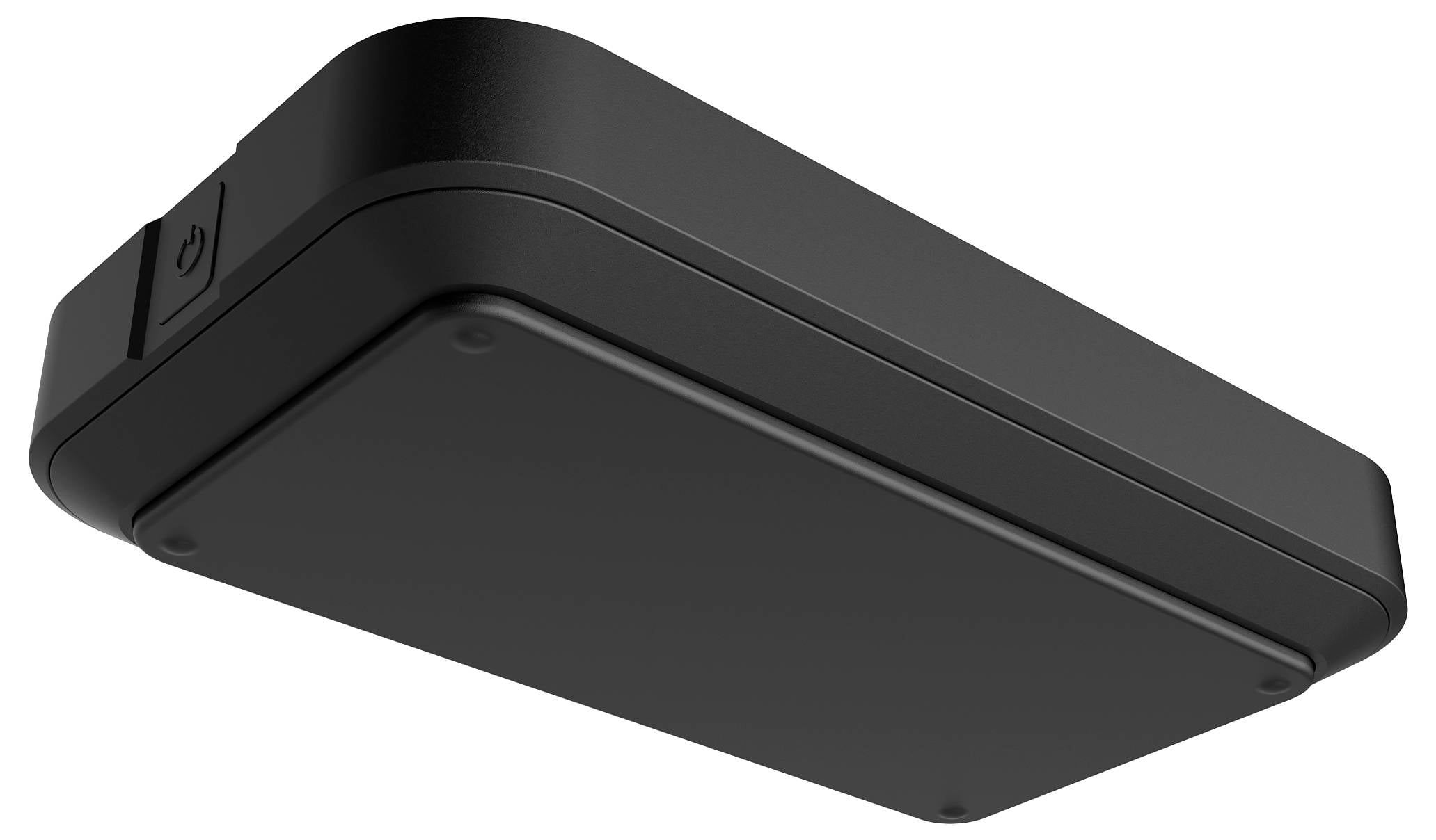 Czarny, prostokątny przyrząd z włącznikiem z boku. Prawdopodobnie przenośne urządzenie pamięci elektronicznej.