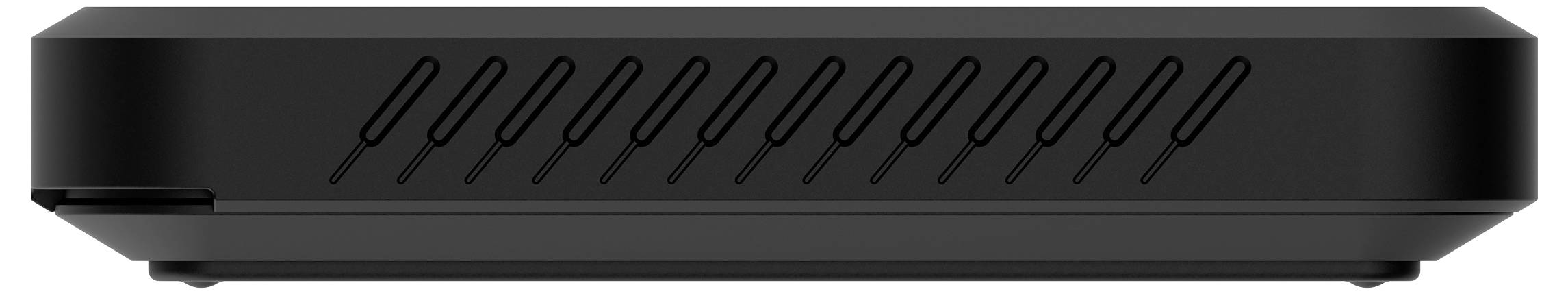 Czarny elektryczny sprzęt z otworami wentylacyjnymi z przodu. Prostokątny kształt, minimalistyczny design.