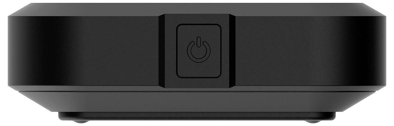 Czarne prostokątne urządzenie z centralnym symbolem włącznika sieciowego.