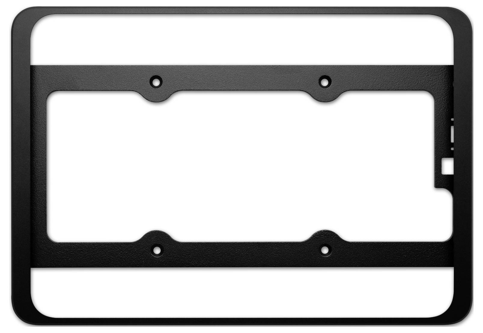 Rama metalowa z prostokątnym wycięciem i czterema otworami mocującymi, przeznaczona do montażu urządzeń lub elementów.