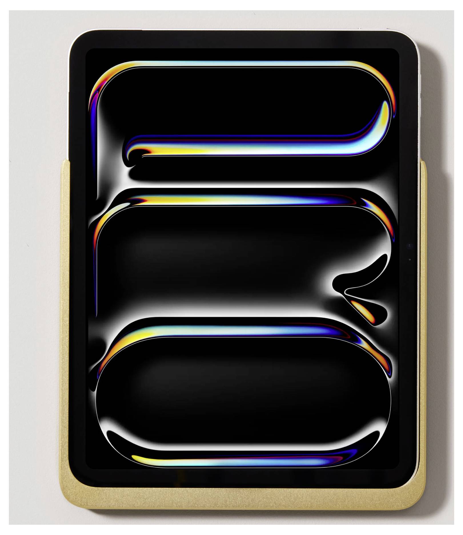 Tablet z tęczowymi efektami świetlnymi na wyświetlaczu, znajdujące się w brązowym etui ochronnym.