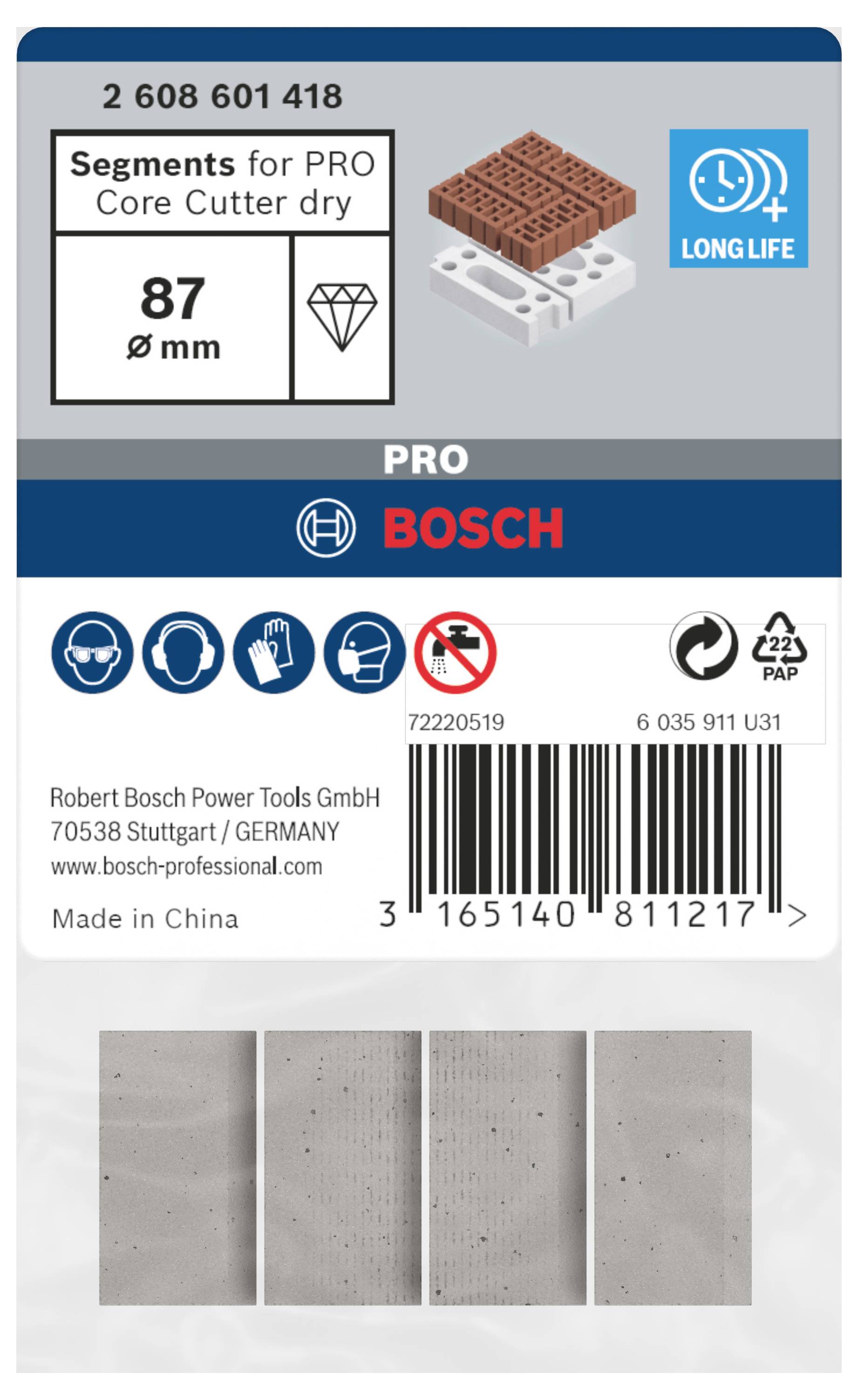 Segmenty Bosch do PRO Core Cutter na sucho, 87 mm, powlekane diamentem, długa żywotność. Opakowanie z ilustracją produktu.