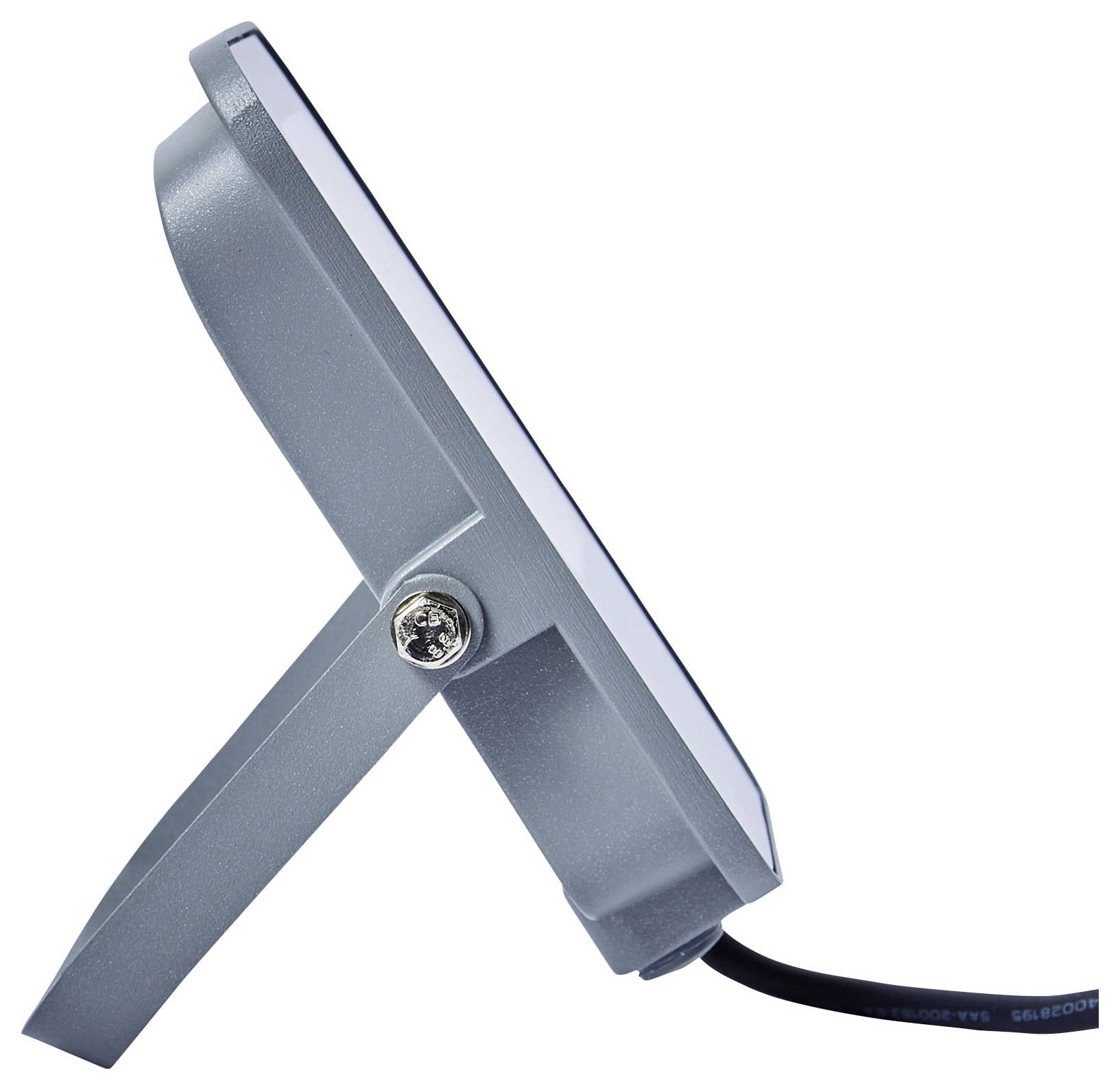 Widok z boku szarej, prostokątnej lampy przeciwpowodziowej z regulowanym uchwytem montażowym i przewodem zasilającym na białym tle.