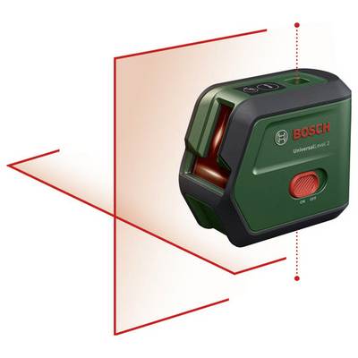 Zielony laserowy miernik odległości firmy Bosch rzutuje czerwone linie laserowe w poziomie i pionie, ułatwiając pomiary i prace budowlane.