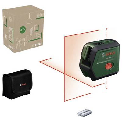 Laserowy pozioomierz Bosch w zielonym opakowaniu, z czerwoną linią laserową, czarną torbą i dwoma bateriami do precyzyjnego poziomowania.