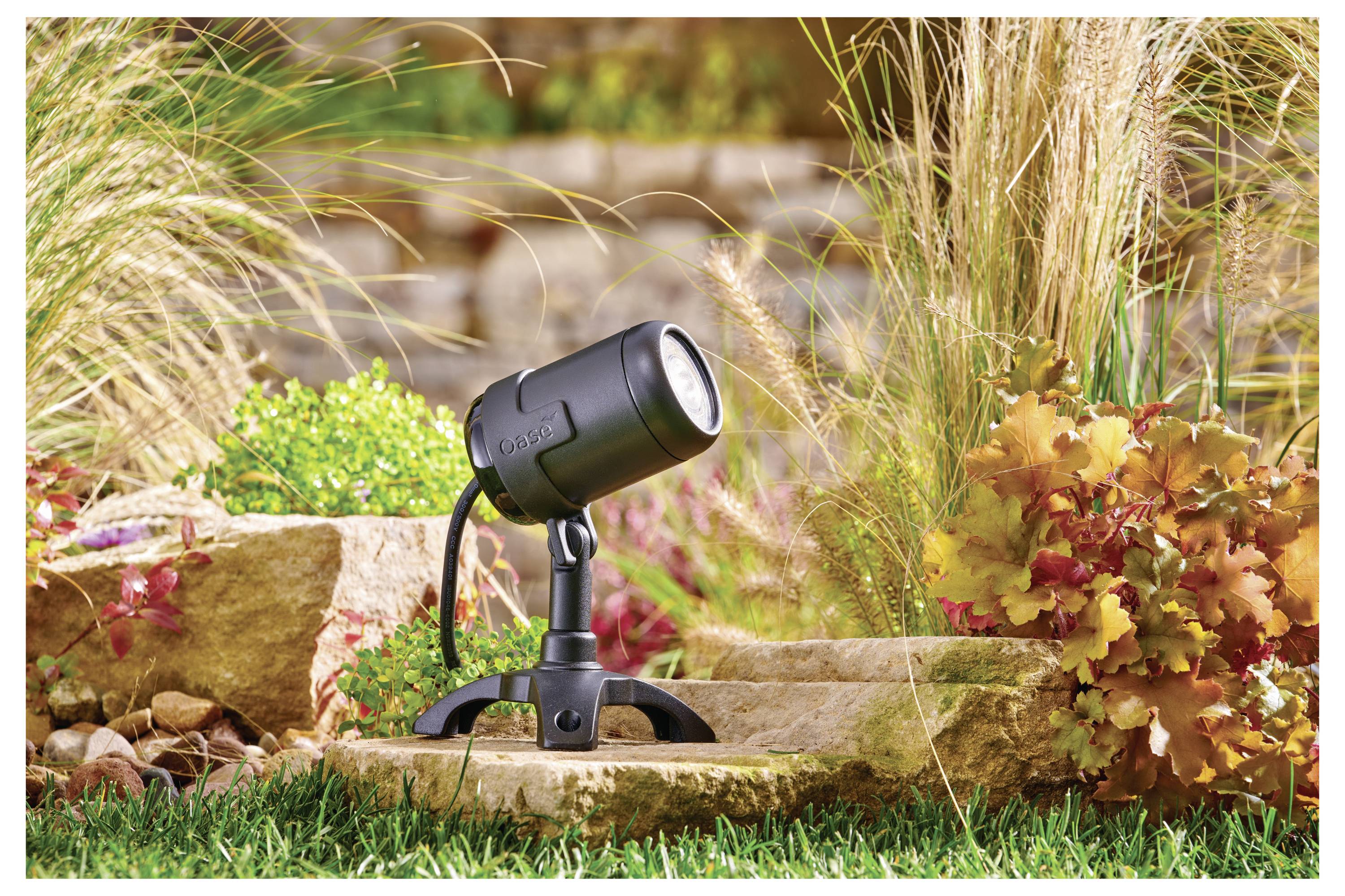 Lampa refektorowa do użytku zewnętrznego oświetlająca ogród z kolorową roślinnością i trawą, umieszczona na tle kamiennego muru, tworząca ciepłą atmosferę.