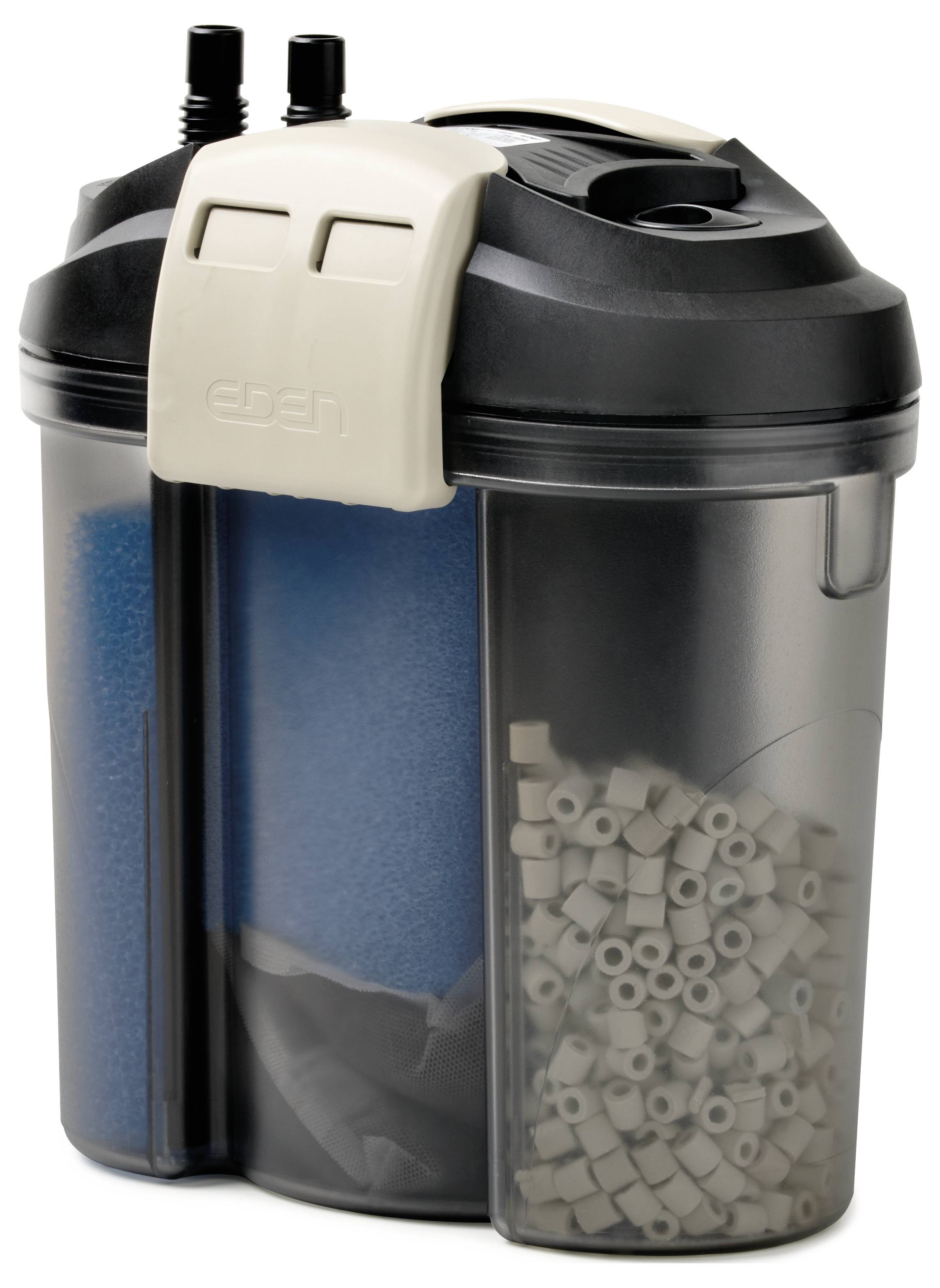 Filtr kanistrowy do akwariów, wyposażony w podwójne węże i przegrody na gąbkę oraz wkłady ceramiczne, stosowany do oczyszczania wody.