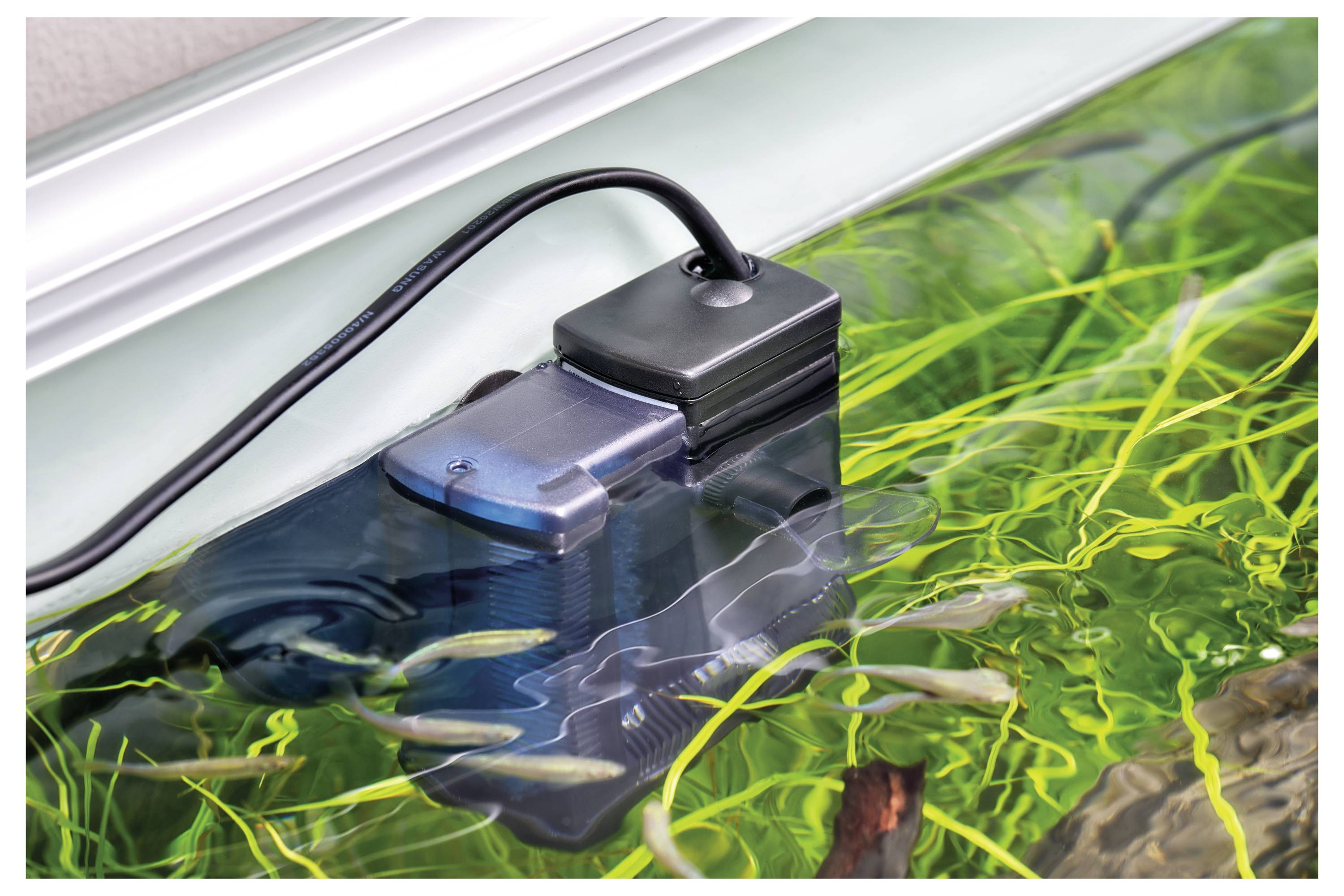 Scena akwariowa z małymi rybkami wokół czarno-przezroczystego filtra, zanurzonymi roślinami wodnymi i przewodem zasilającym nad powierzchnią wody.