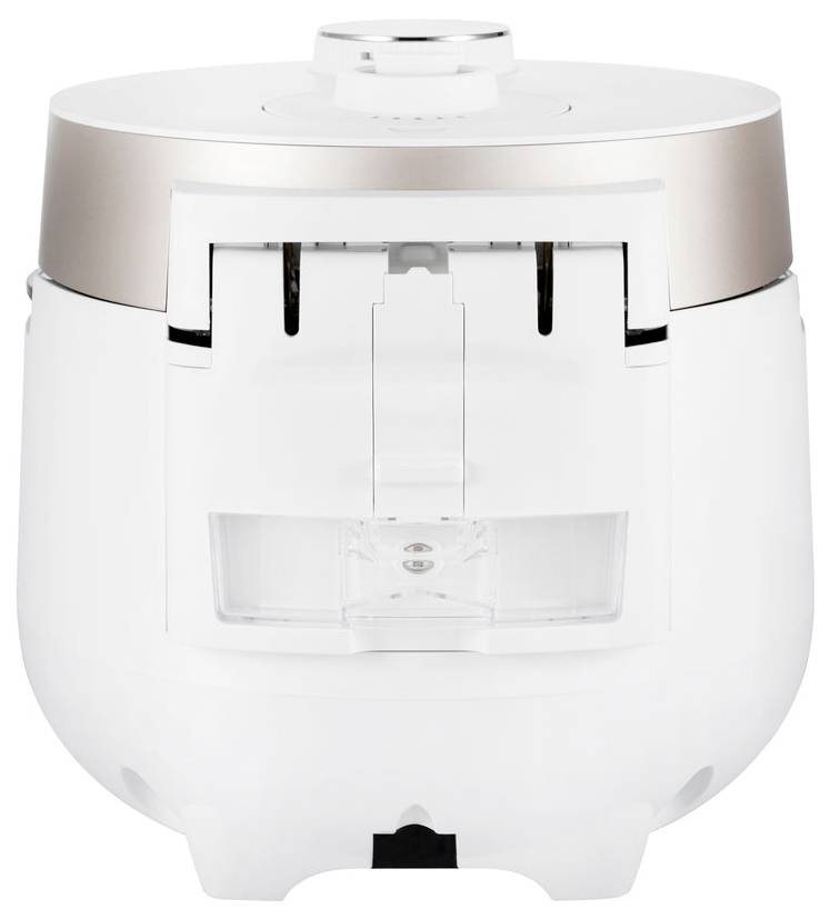 Biały, okrągły ryżowar z złotą pokrywką. Z przodu znajduje się mechanizm składany. Urządzenie stoi na stole.