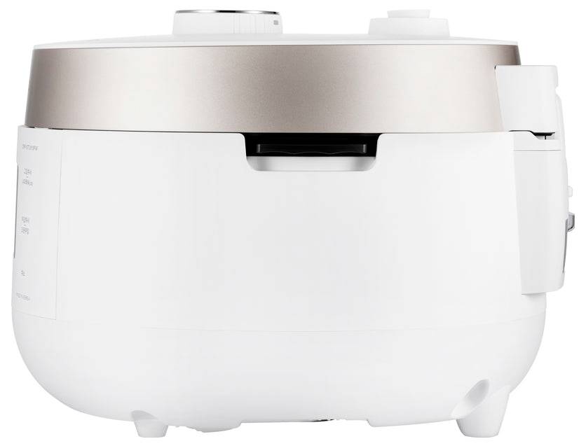 Nowoczesny, biały i złoty ryżowar o okrągłym, kompaktowym designie. Odpowiedni do przygotowywania ryżu i innych potraw.