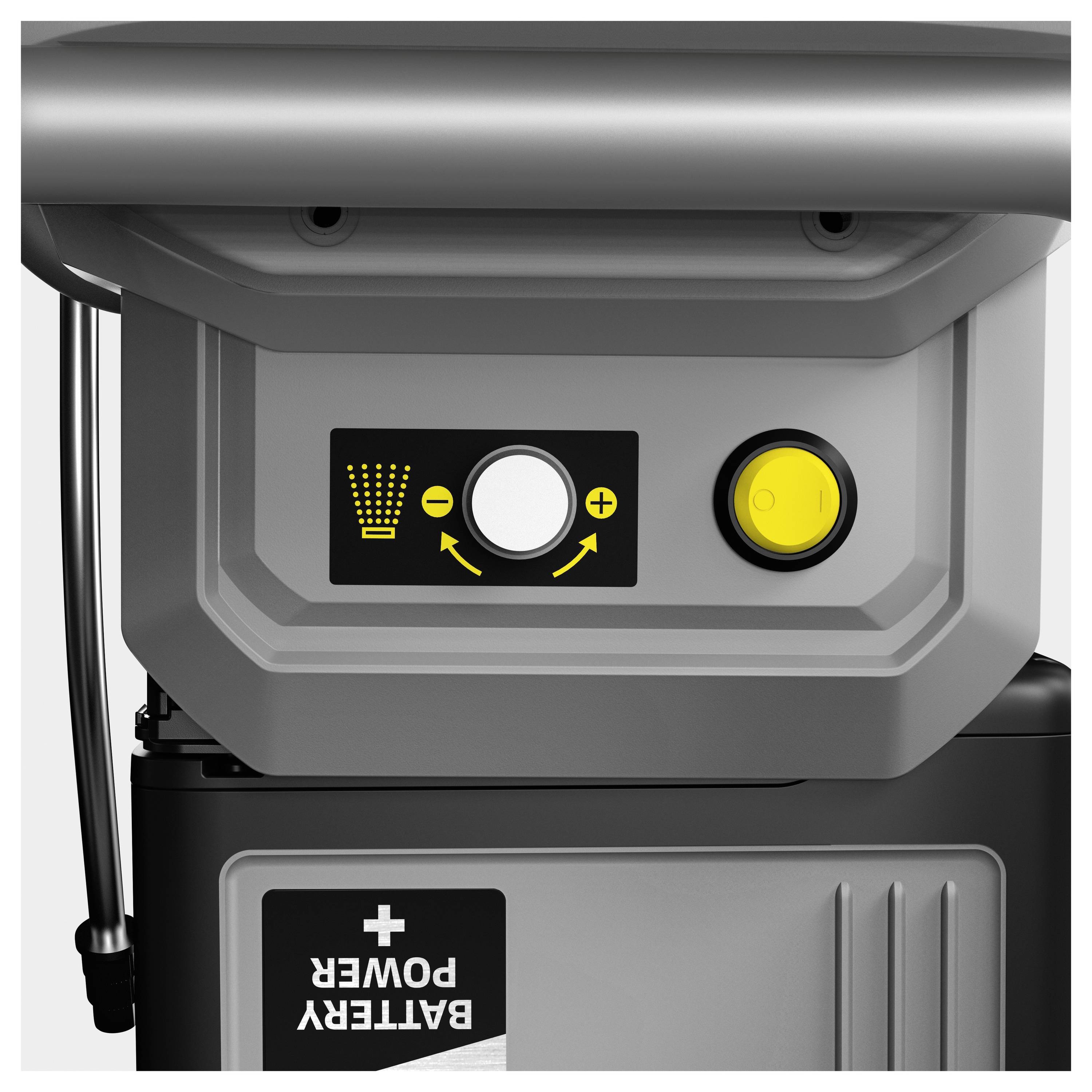 'Panel sterujący elektrycznej maszyny z symbolami plus i minus, żółtym przyciskiem oraz wskaźnikiem poziomu baterii.'