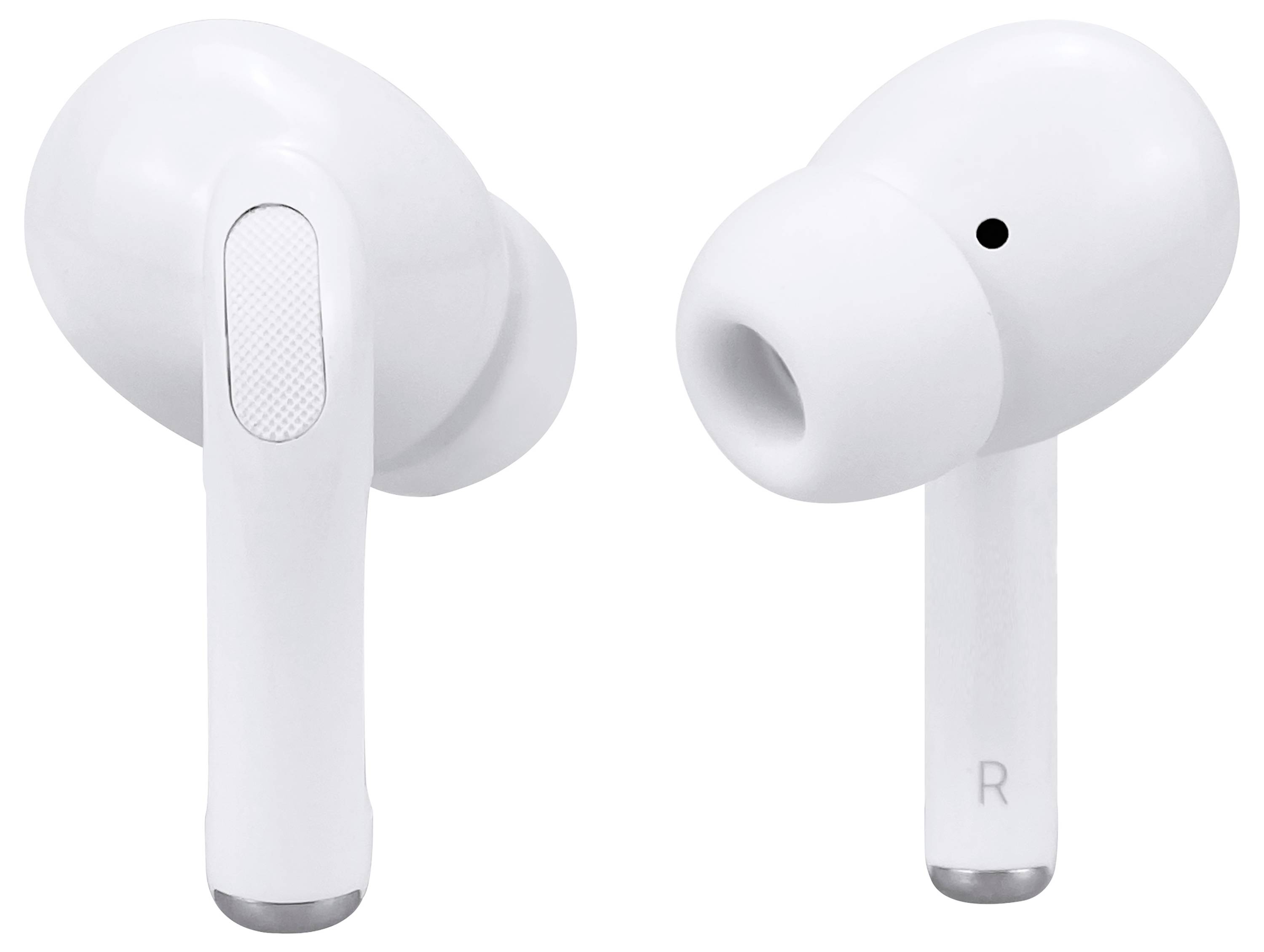 Dwa białe, bezprzewodowe słuchawki douszne, pokazane z boku i lekko od tyłu.