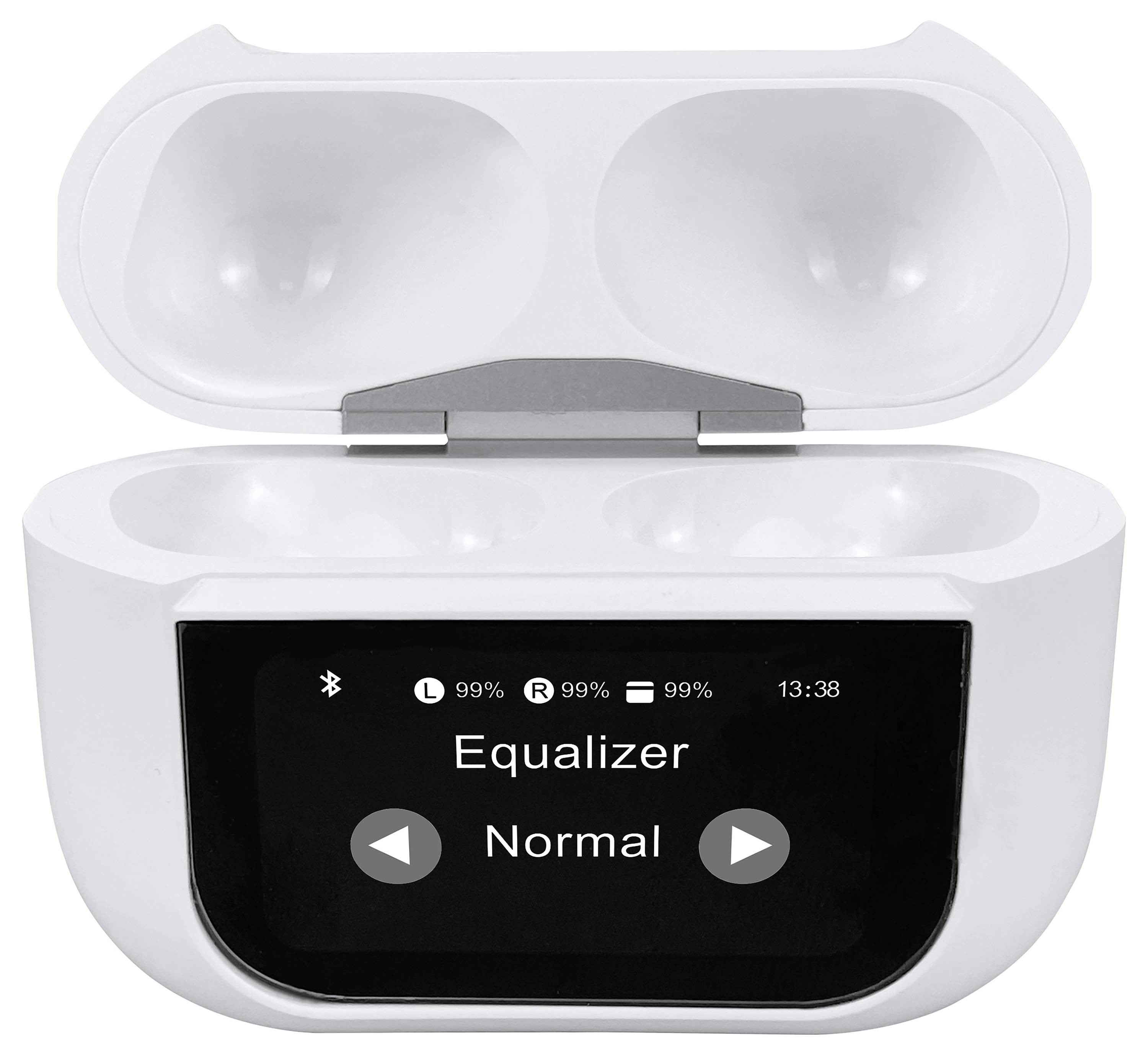 Otwarte etui ładujące słuchawki z wyświetlaczem pokazuje: 'Equalizer: Normalny', symbol Bluetooth, ikony baterii oraz godzinę 13:38.