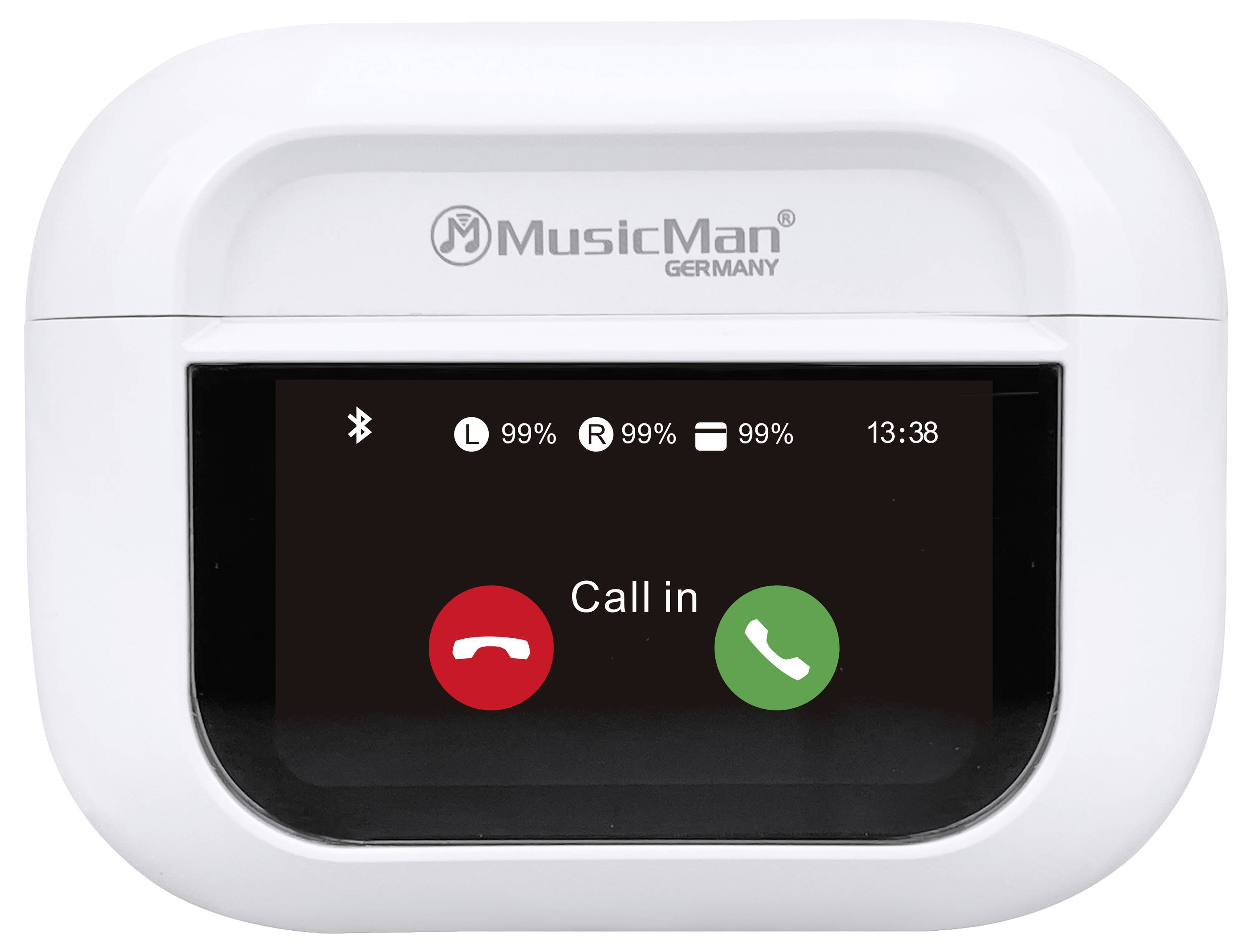 Białe urządzenie z wyświetlaczem pokazuje status Bluetooth oraz stan baterii. Poniżej znajdują się dwa przyciski: czerwona słuchawka do odrzucenia oraz zielona słuchawka do odebrania połączenia.