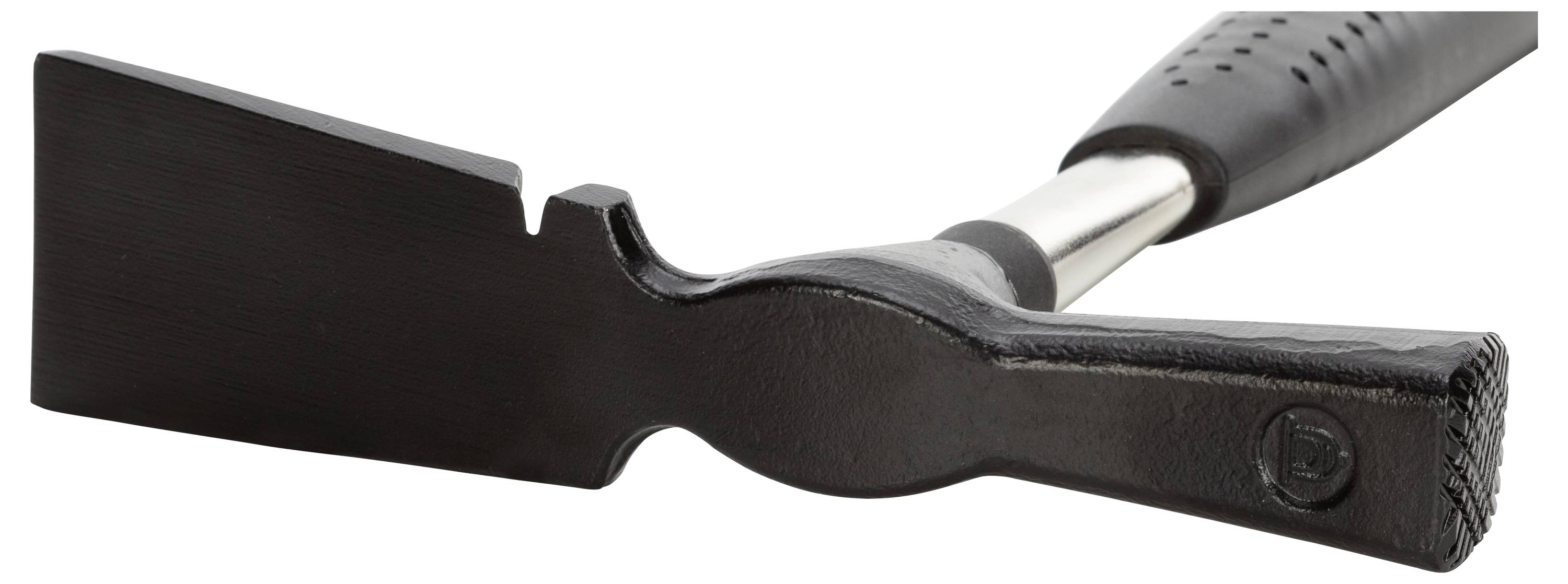 Czarny młotek murarski z prostą główką i gumowanym uchwytem, idealny do pracy z murem lub cegłami.