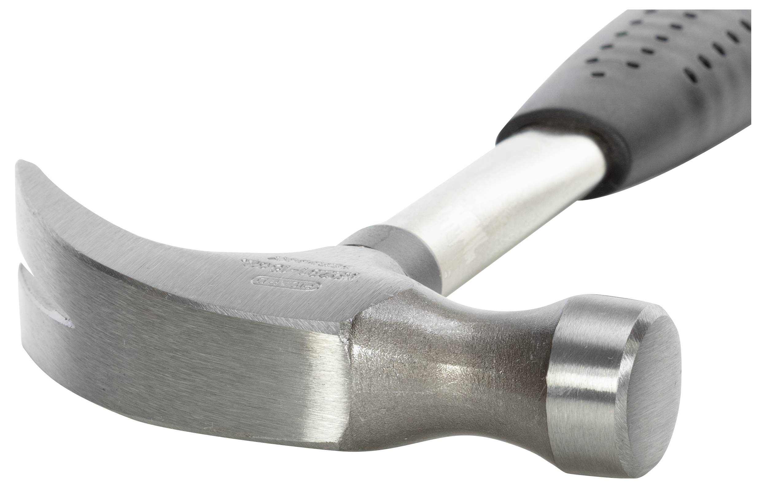 Na ilustracji widnieje srebrny młotek z gumowaną rękojeścią. Młotek jest ustawiony skośnie, z dobrze widocznym metalowym pazurem.