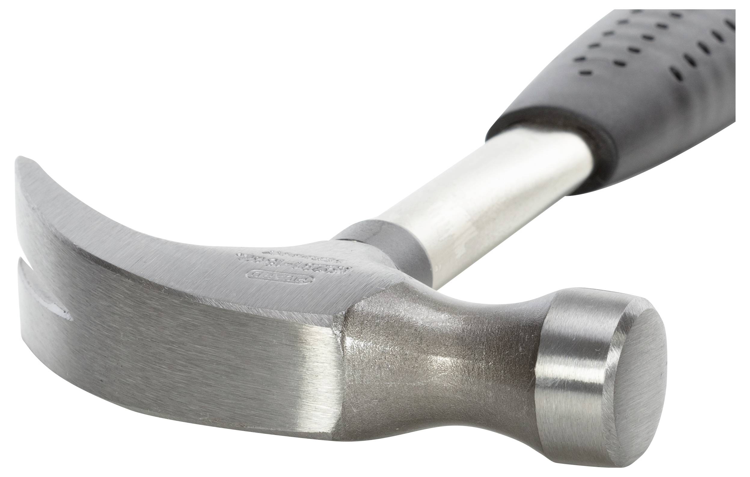 Młotek z czarną rękojeścią i zakrzywioną łapką, leżący na białej powierzchni. Głównie narzędzie do wyciągania gwoździ.