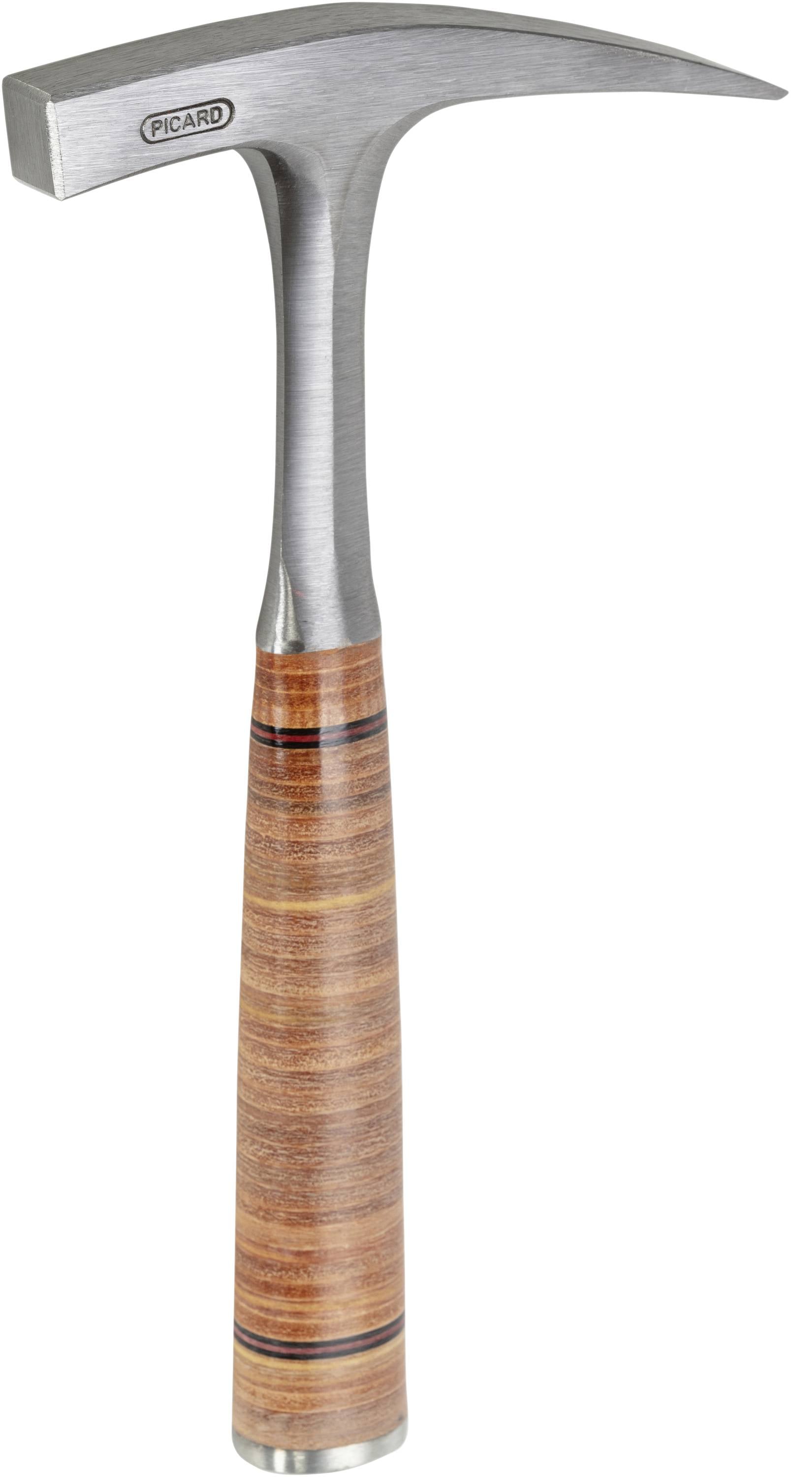 Geologiczny młotek z rękojeścią pokrytą drewnem i ostrzem. Przeznaczony do rozbijania skał.