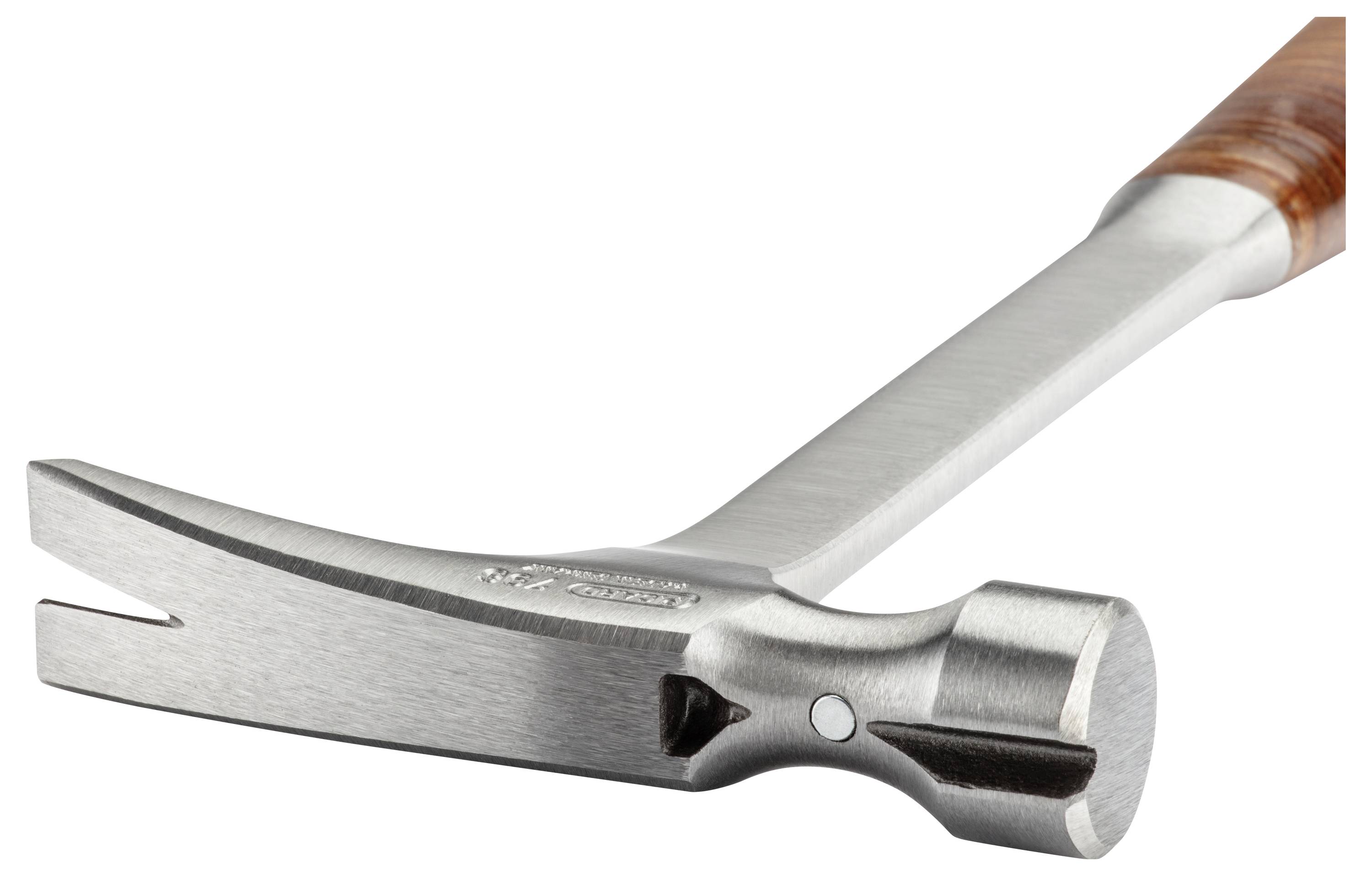 Srebrny młotek z drewnianą rękojeścią, ułożony poziomo.