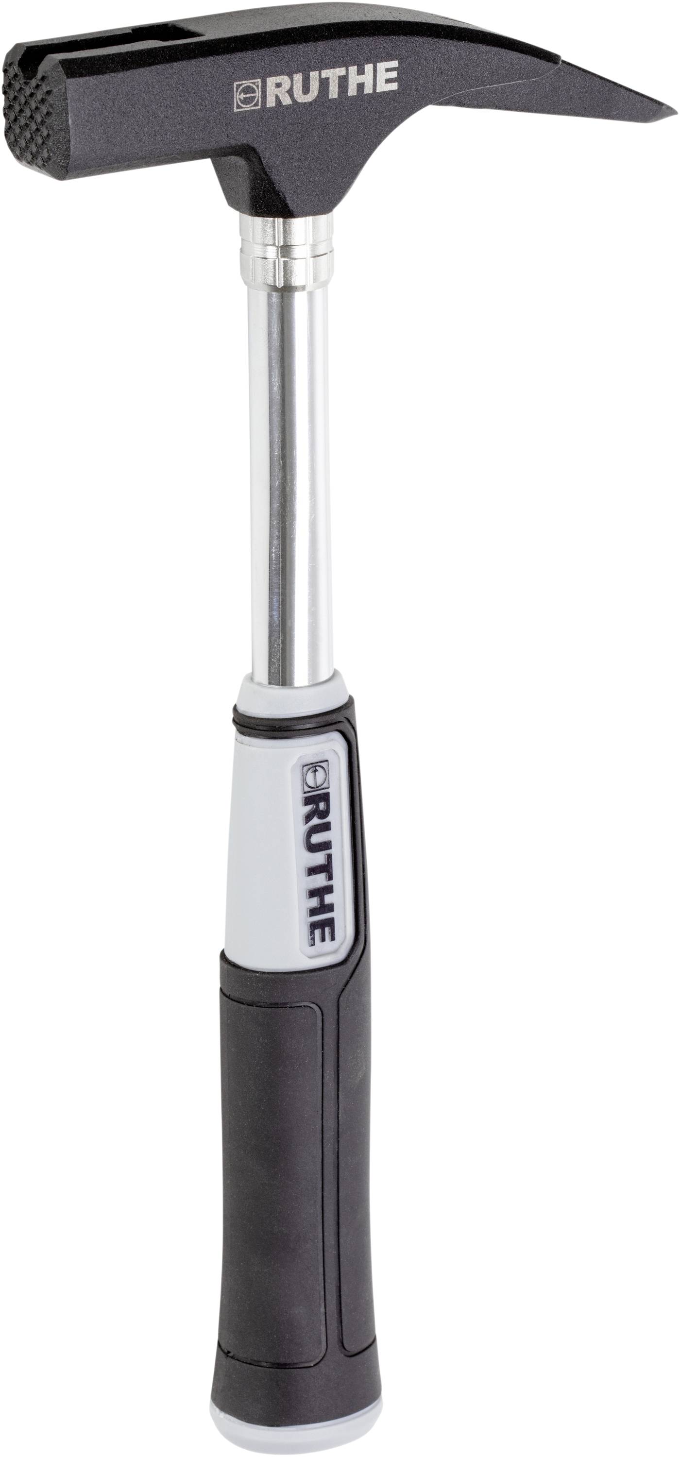 Czarny młotek ciesielski z szarą rękojeścią i srebrnym trzonkiem, marka 'Ruthe'.