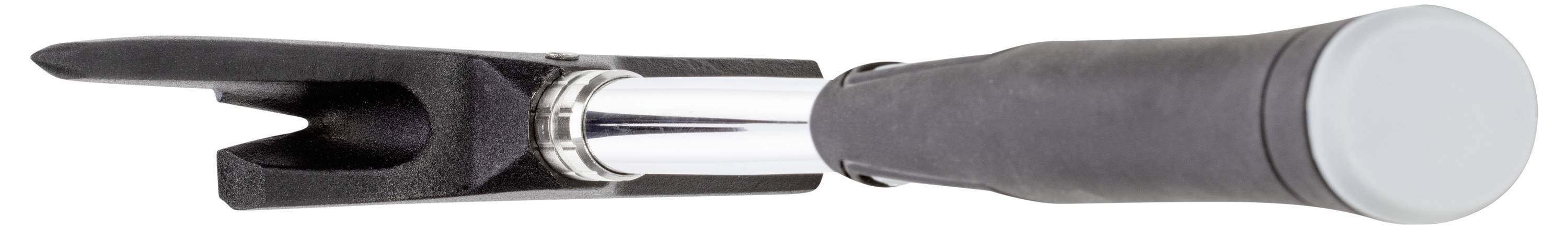 Czarny i srebrny otwieracz do butelek z ergonomicznym uchwytem, ułożony poziomo na białym tle.