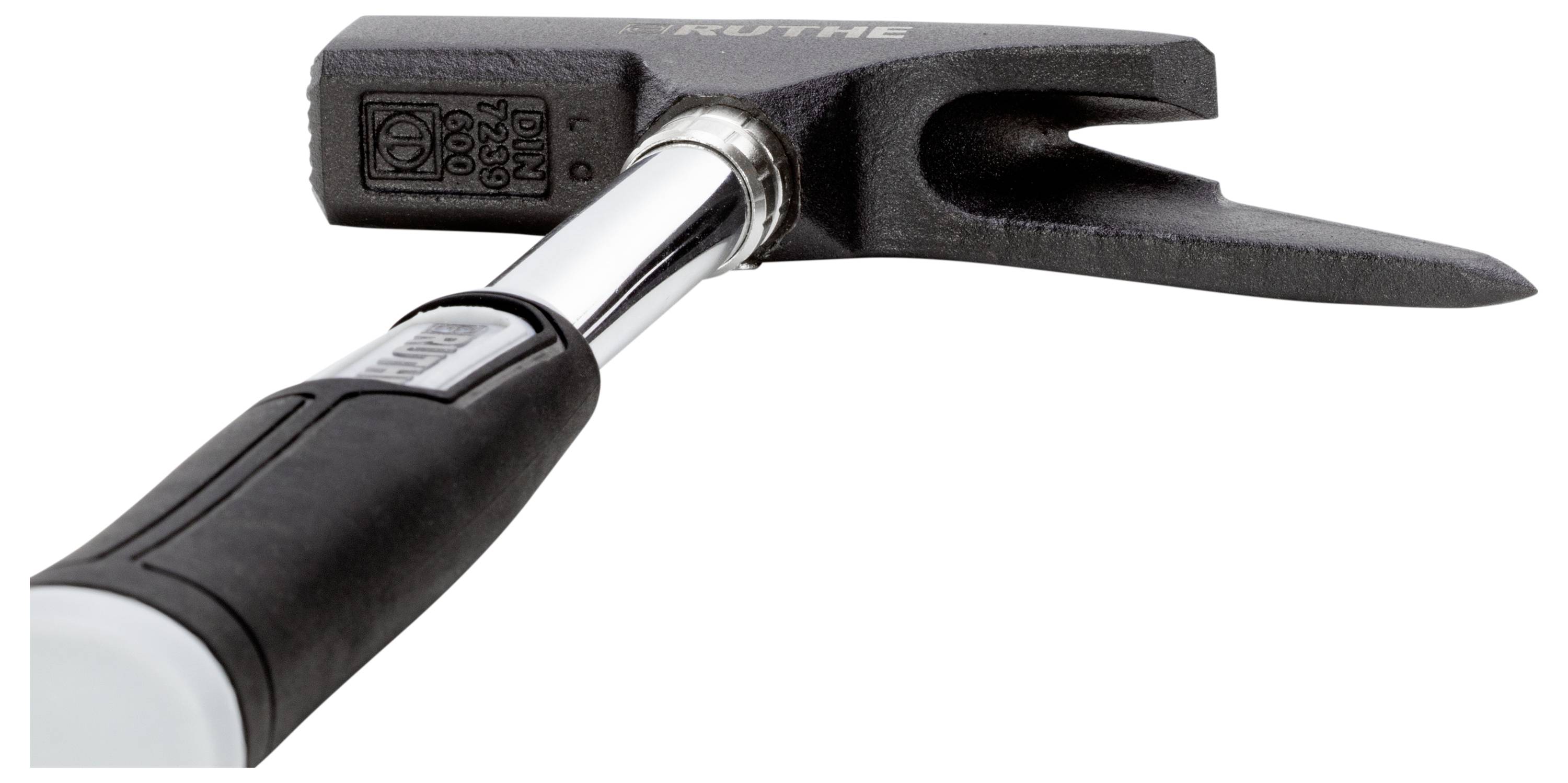 Czarny młotek z srebrnym uchwytem i ostrzem pazura. Ergonomicznie zaprojektowany do precyzyjnej pracy lub projektów budowlanych.